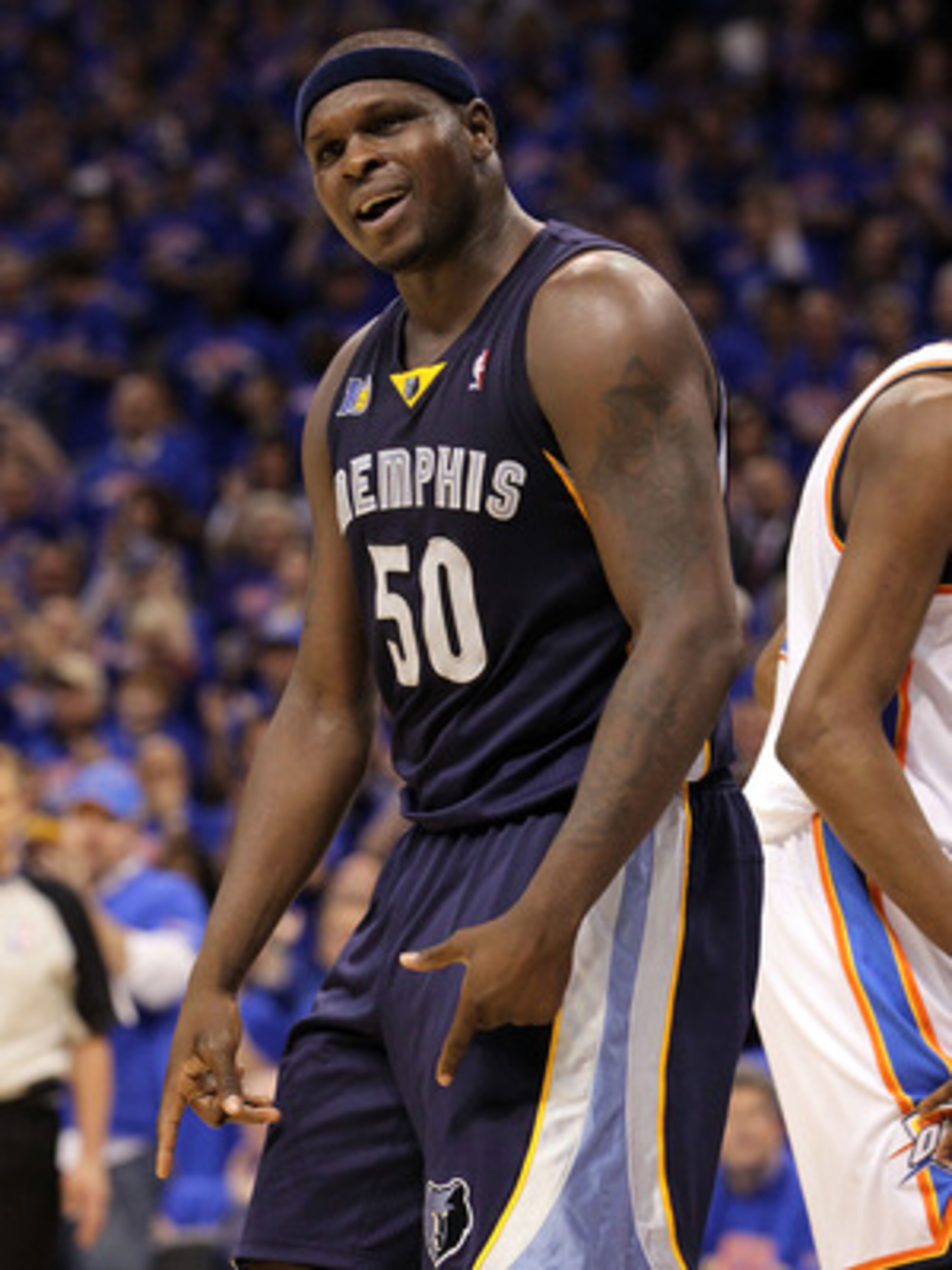 OKLAHOMA CITY, OK - MAY 15:  Forward Zach Randolph #50 of the Memphis Grizzlies reacts against the Oklahoma City Thunder in Game Seven of the Western Conference Semifinals in the 2011 NBA Playoffs on May 15, 2011 at Oklahoma City Arena in Oklahoma City, O