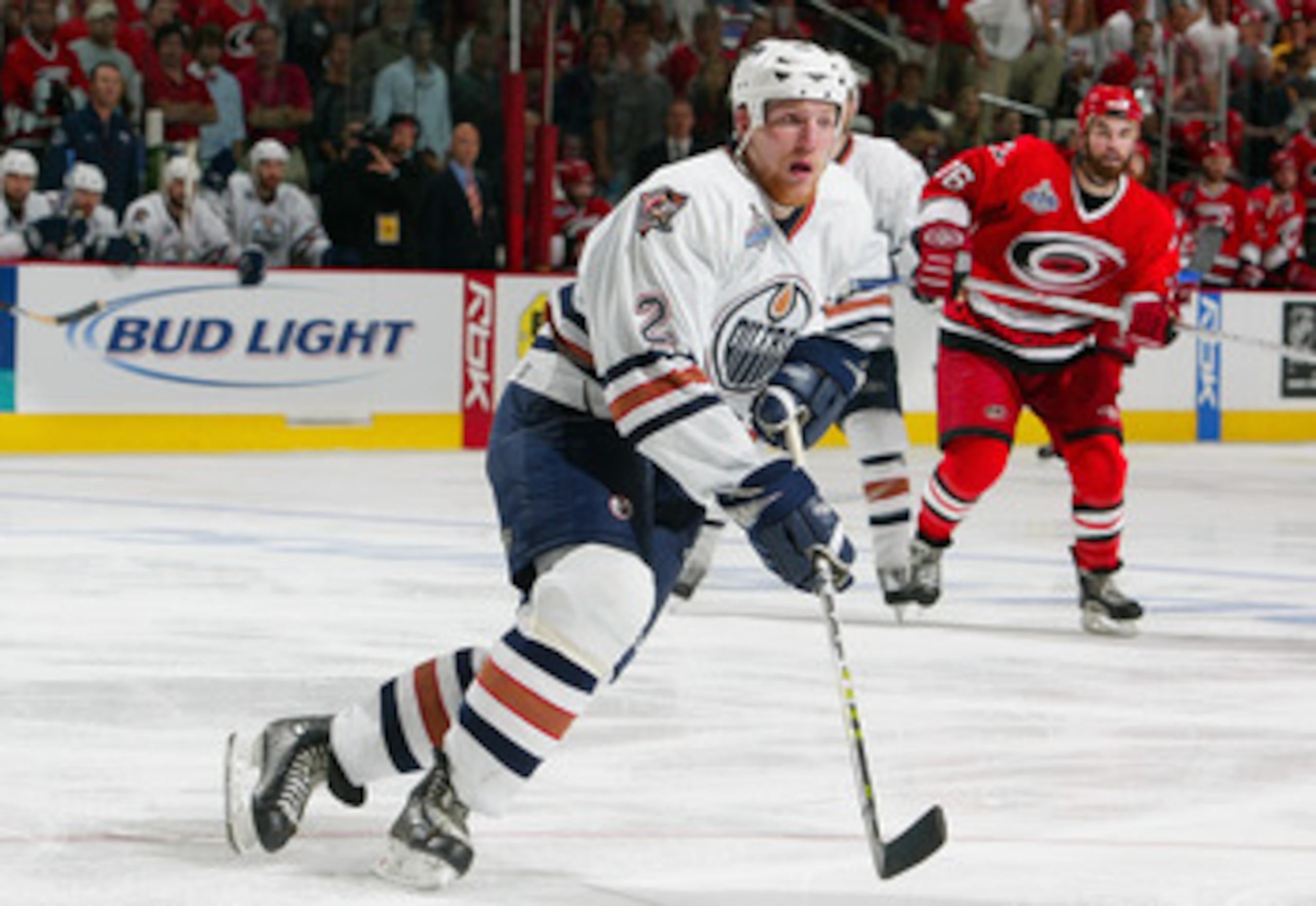 RALEIGH, NC - JUNE 19:  Matt Greene #2 of the Edmonton Oilers skates against the Carolina Hurricanes during game seven of the 2006 NHL Stanley Cup Finals on June 19, 2006 at the RBC Center in Raleigh, North Carolina. The Hurricanes defeated the Oilers 3-1