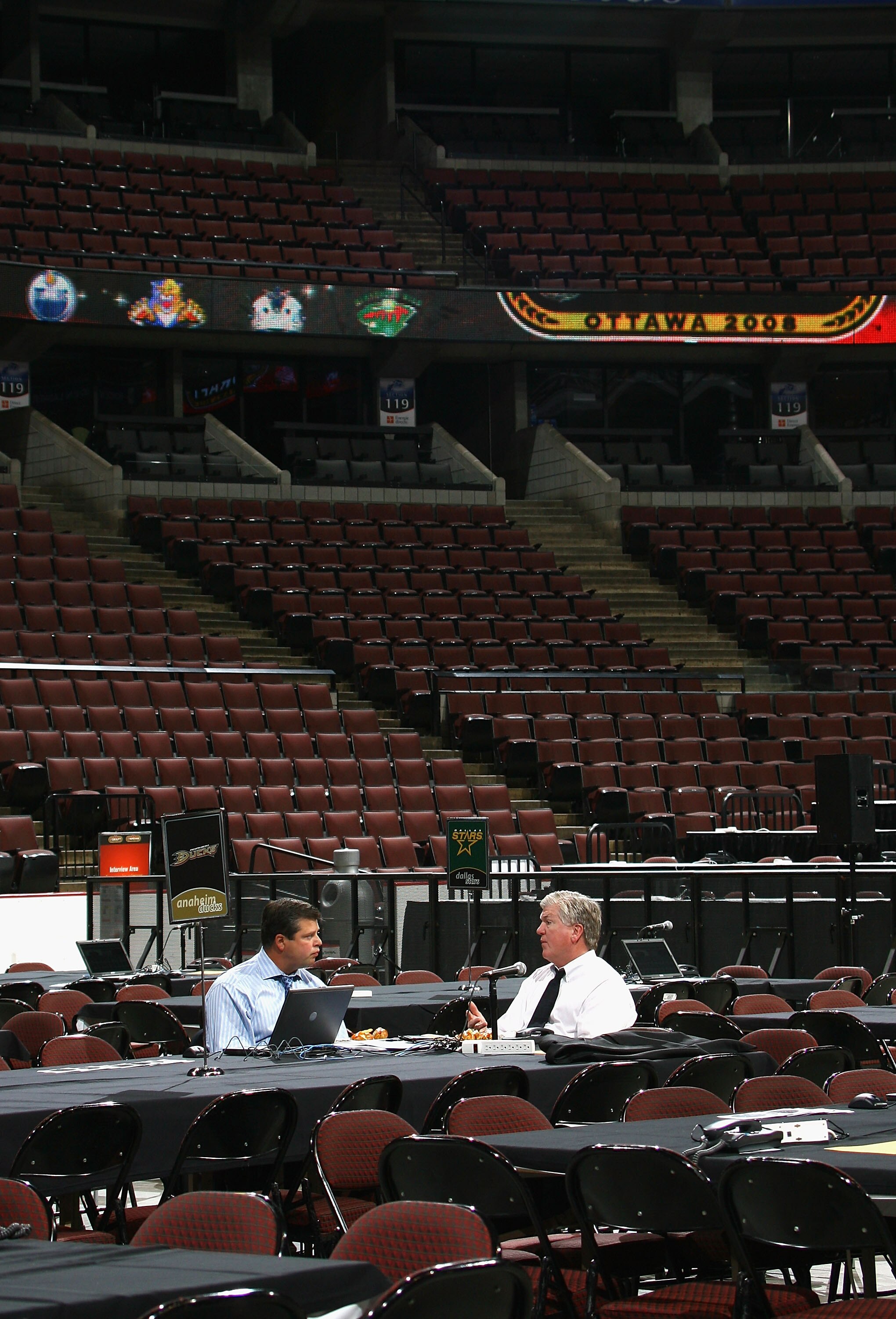 OTTAWA, ON - JUNE 20:  Anaheim Ducks general manager Brian Burke (R) talks with Dave Nonis before the 2008 NHL Entry Draft at Scotiabank Place on June 20, 2008 in Ottawa, Ontario, Canada.  (Photo by Bruce Bennett/Getty Images)