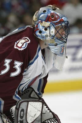 DENVER - MAY 25:  Goalie Patrick Roy #33 of the Colorado Avalanche waits for a faceoff against the Detroit Red Wings in the third period of game four of the Western Conference Finals during the NHL Stanley Cup Playoffs at the Pepsi Center in Denver, Color