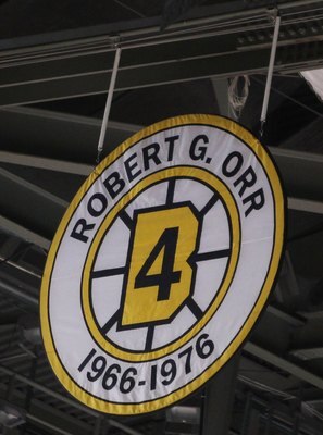 BOSTON - MARCH 04:  Robert Orr's retired number hangs in the rafters during the Toronto Maple Leafs versus the Boston Bruins on March 4, 2010 at the TD Garden in Boston, Massachusetts. The Bruins defeated the Maple Leafs 3-2 in an overtime shootout.  (Pho
