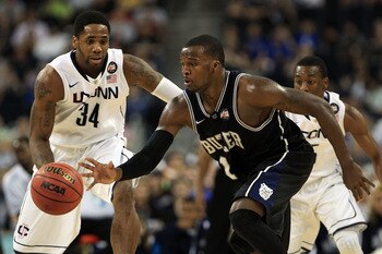 HOUSTON, TX - APRIL 04:  Shelvin Mack #1 of the Butler Bulldogs handles the ball against the Connecticut Huskies during the National Championship Game of the 2011 NCAA Division I Men's Basketball Tournament at Reliant Stadium on April 4, 2011 in Houston, 