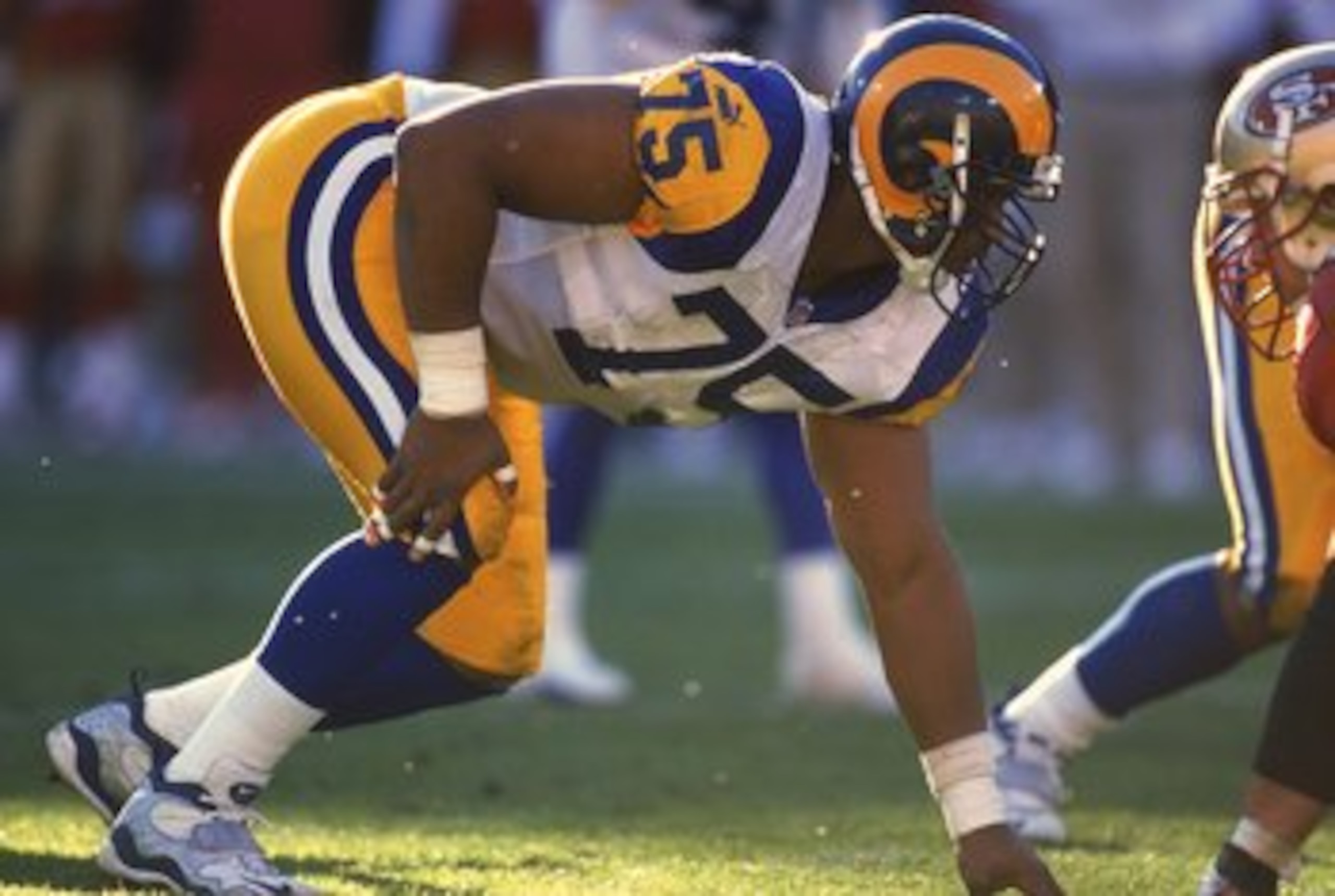 21 Nov 1999:  D''Marco Farr #75 of the St. Louis Rams is ready on the field during the game against the San Francisco 49ers at 3Comm Park in San Francisco, California. The Rams defeated the 49ers 23-7. Mandatory Credit: Jed Jacobsohn  /Allsport