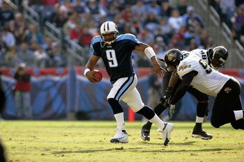 NASHVILLE, TN - NOVEMBER 20:  Quarterback Steve McNair #9 of the Tennessee Titans scrambles against the Jacksonville Jaguars at The Coliseum on November 20, 2005 in Nashville, Tennessee. The Jaguars defeated the Titans 31-28.  (Photo by Doug Pensinger/Get