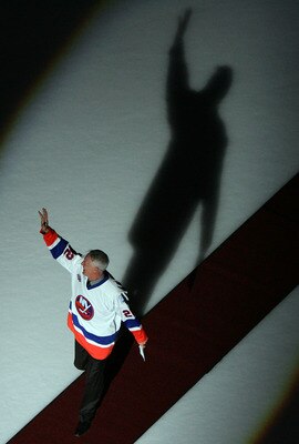 UNIONDALE, NY - MARCH 02:  Former New York Islanders legend Mike Bossy waves to the crowd before the game against the Florida Panthers at the Nassau Coliseum March 2, 2008 in Uniondale, New York. The Islanders are celebrating the 17 men that were part of 