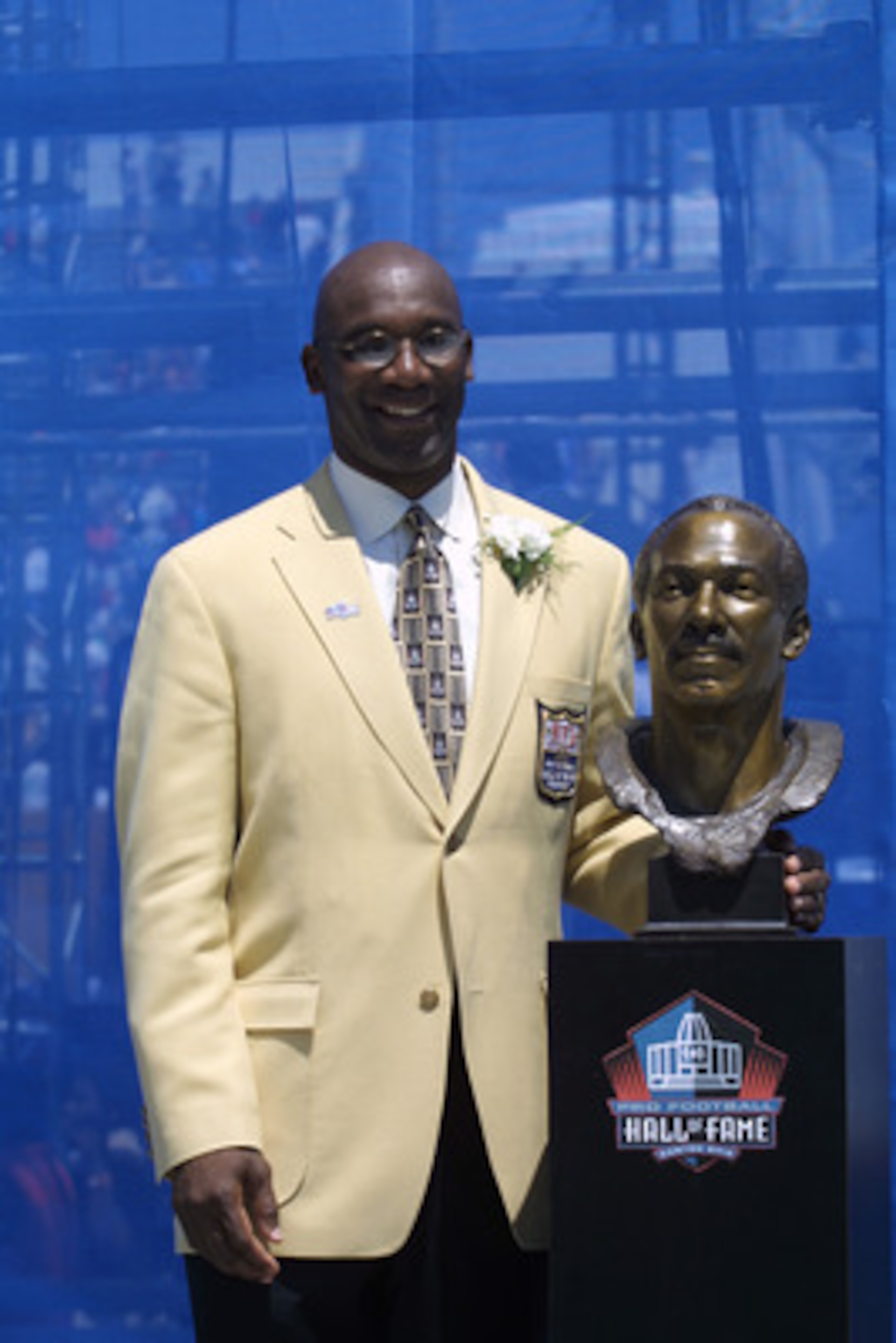 CANTON, OHIO - AUGUST 3:  John Stallworth John Stallworth stands next to his bust after his induction into the National Football League Hall of Fame on August 3, 2002 at Fawcett Stadium in Canton, Ohio.  Stallworth played wide receiver for the Pittsburgh 