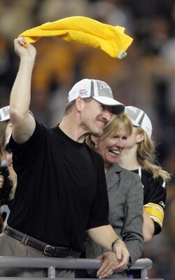 DETROIT - FEBRUARY 05: Head coach Bill Cowher of the Pittsburgh Steelers celebrates by waving a 'terrible towel' after defeating the Seattle Seahawks in Super Bowl XL at Ford Field on February 5, 2006 in Detroit, Michigan.The Steelers defeated the Seahawk