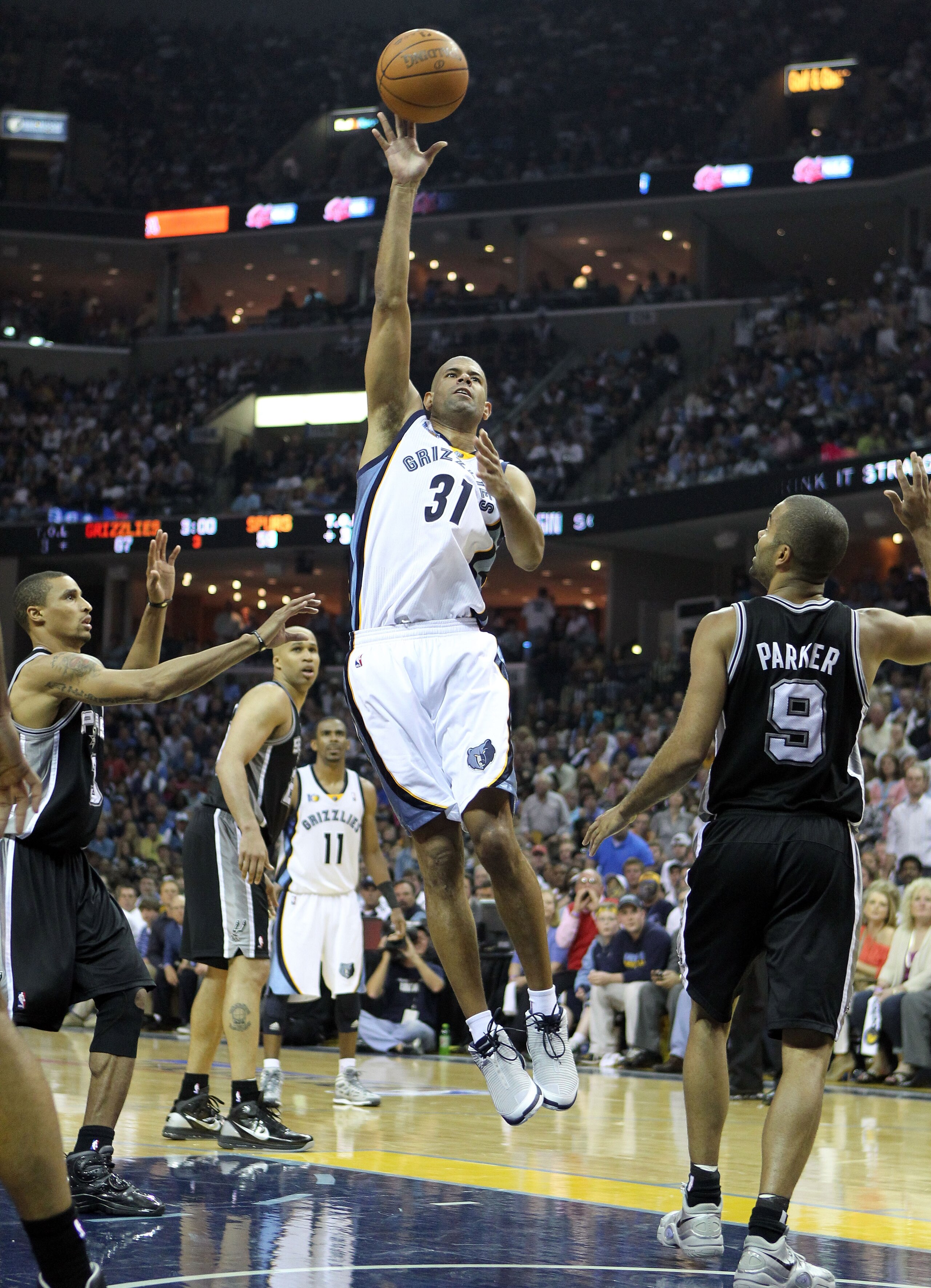 MEMPHIS, TN - APRIL 23: Shane Battier #31 of the  Memphis Grizzlies shoots the ball during the game against the San Antonio Spurs in Game three of the Western Conference Quarterfinals in the 2011 NBA Playoffs at FedExForum on April 23, 2011 in Memphis, Te
