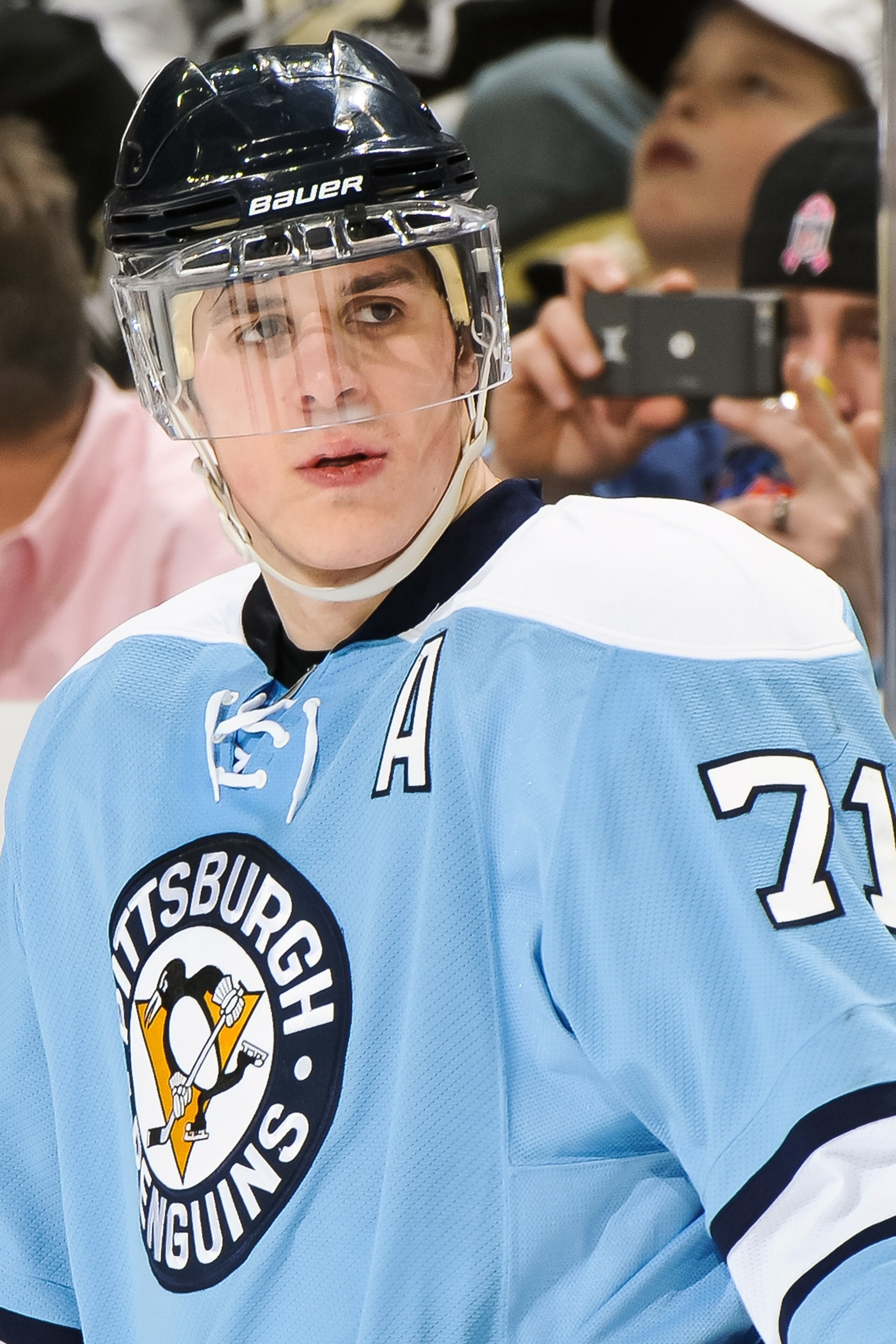 PITTSBURGH, PA - JANUARY 08:  Evgeni Malkin #71 of the Pittsburgh Penguins takes a breather during a game against the Minnesota Wild on January 8, 2011 at CONSOL Energy Center in Pittsburgh, Pennsylvania.  (Photo by Jamie Sabau/Getty Images)