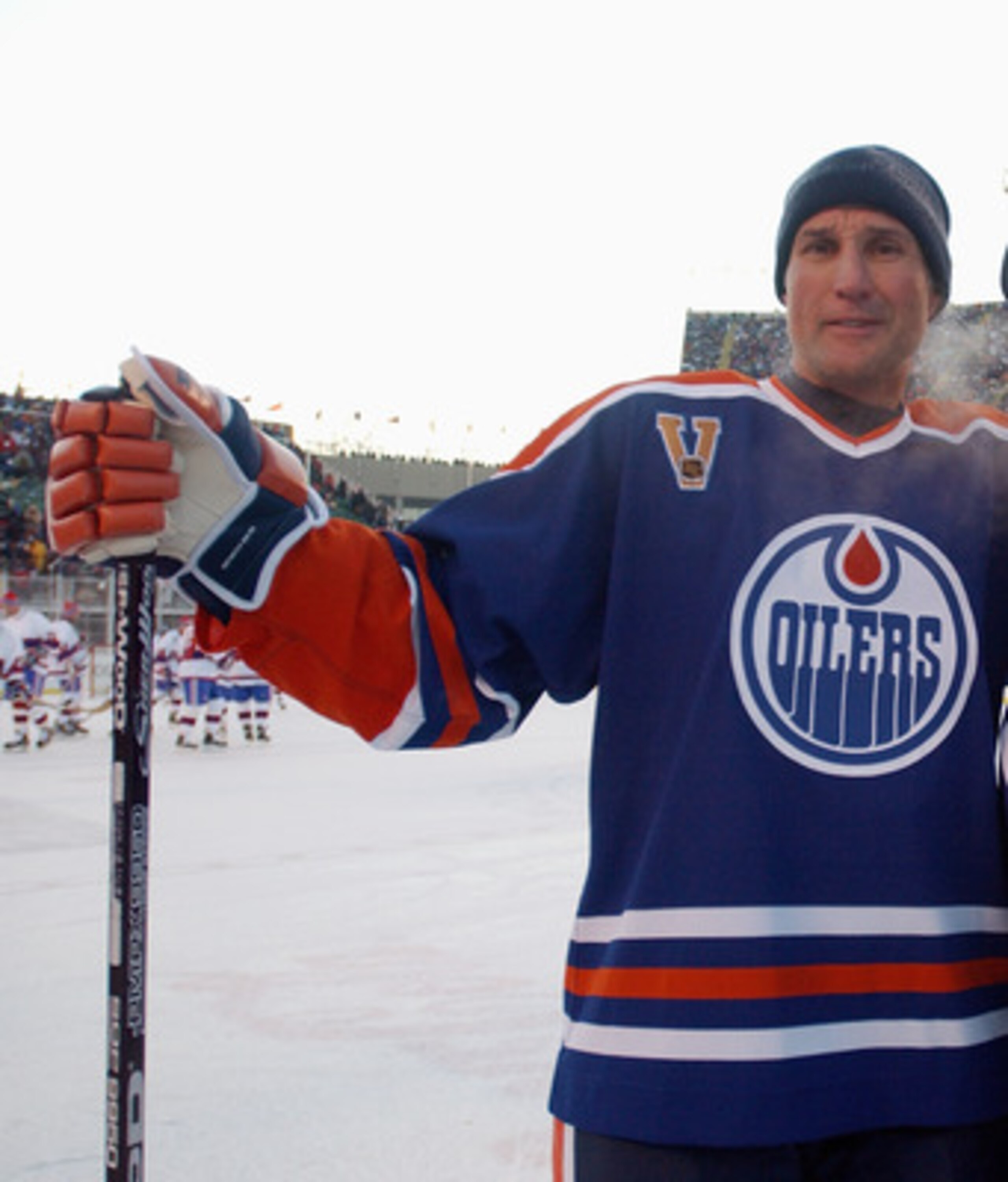 EDMONTON, CANADA - NOVEMBER 22:  Paul Coffey #7 and Wayne Gretzky #99 of the Edmonton Oilers pose for a photo during the Molson Canadien Heritage Classic against the Montreal Canadiens on November 22, 2003 at Commonwealth Stadium in Edmonton, Canada. The