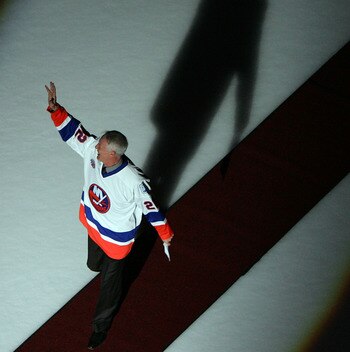 UNIONDALE, NY - MARCH 02:  Former New York Islanders legend Mike Bossy waves to the crowd before the game against the Florida Panthers at the Nassau Coliseum March 2, 2008 in Uniondale, New York. The Islanders are celebrating the 17 men that were part of