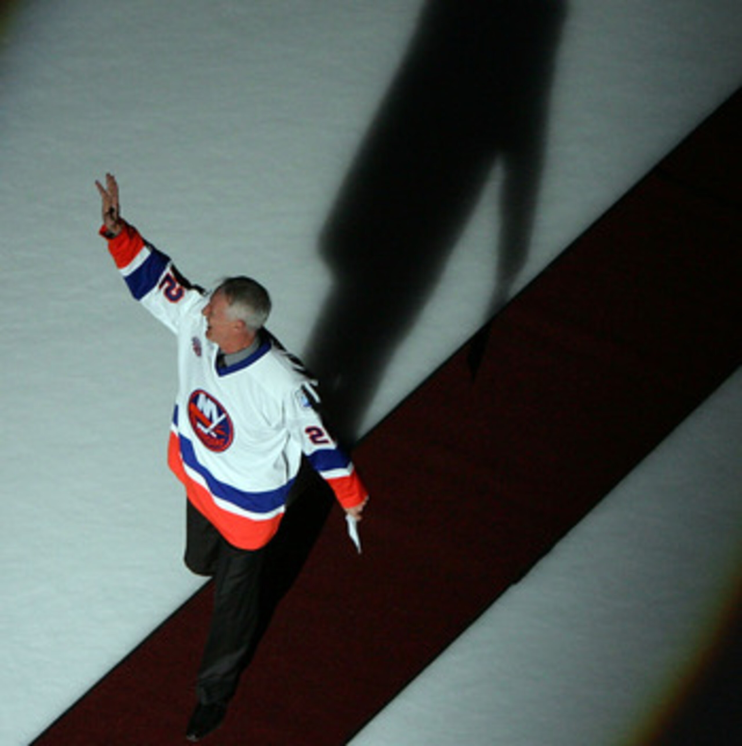 UNIONDALE, NY - MARCH 02:  Former New York Islanders legend Mike Bossy waves to the crowd before the game against the Florida Panthers at the Nassau Coliseum March 2, 2008 in Uniondale, New York. The Islanders are celebrating the 17 men that were part of