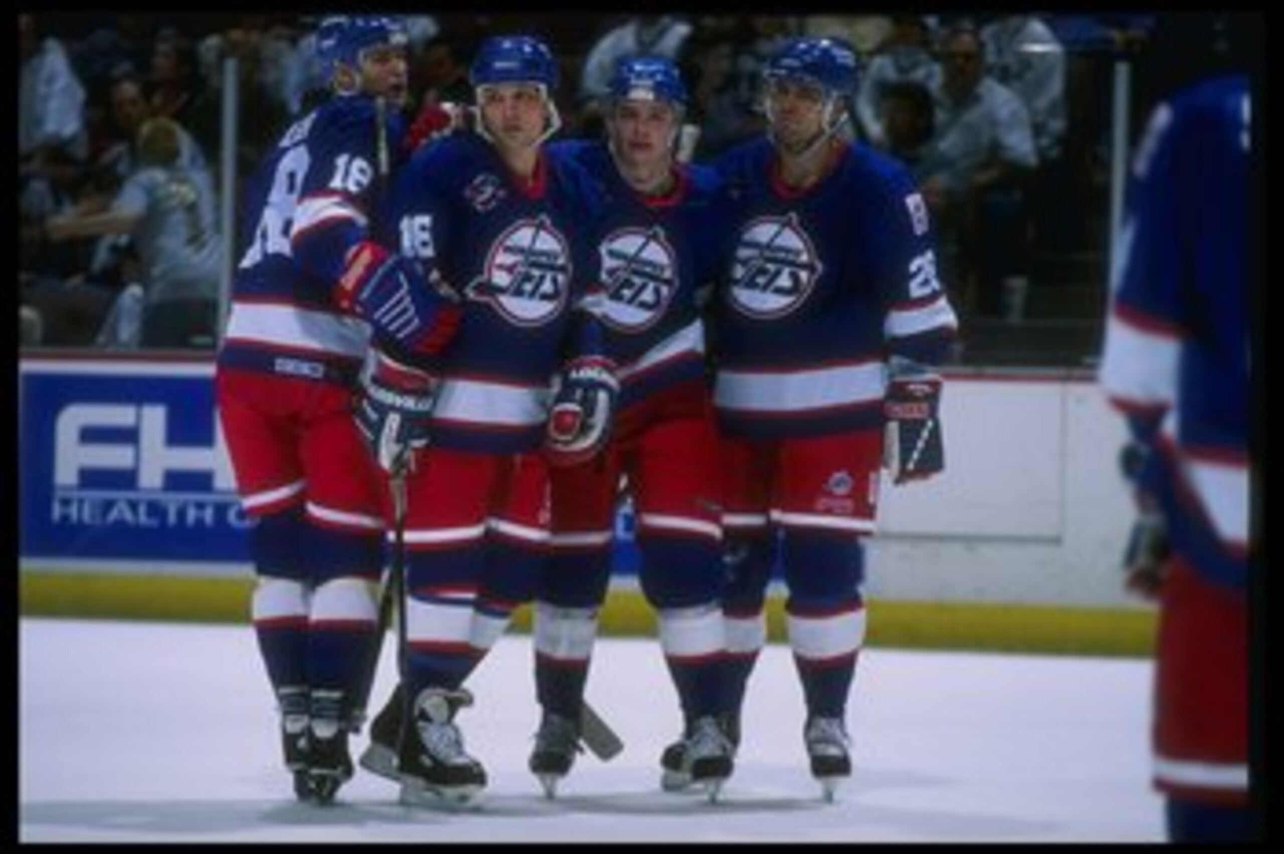 14 Apr 1996:  The Winnipeg Jets celebrate during a game against the Anaheim Mighty Ducks at Arrowhead Pond in Anaheim, California.  The Ducks won the game, 5-2. Mandatory Credit: Glenn Cratty  /Allsport