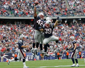 FOXBORO, MA - SEPTEMBER 26: BenJarvus Green-Elllis #42 of the New England Patriots celebrates his touchdown with teammates Sammy Morris #34 and Danny Woodhead #39 in the second half against the Buffalo Bills at Gillette Stadium in the second half on Septe