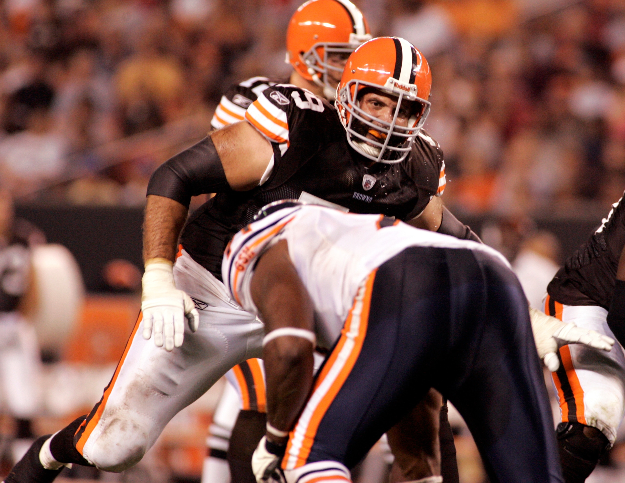 CLEVELAND - SEPTEMBER 2: Tony Pashos #79 of the Cleveland Browns drops into pass protection against the Chicago Bears during the preseason game on September 2, 2010 at Cleveland Browns Stadium in Cleveland, Ohio. The Browns defeated the Bears 13-10. (Phot CLEVELAND - SEPTEMBER 2: Tony Pashos #79 of the Cleveland Browns drops into pass protection against the Chicago Bears during the preseason game on September 2, 2010 at Cleveland Browns Stadium in Cleveland, Ohio. The Browns defeated the Bears 13-10. (Phot