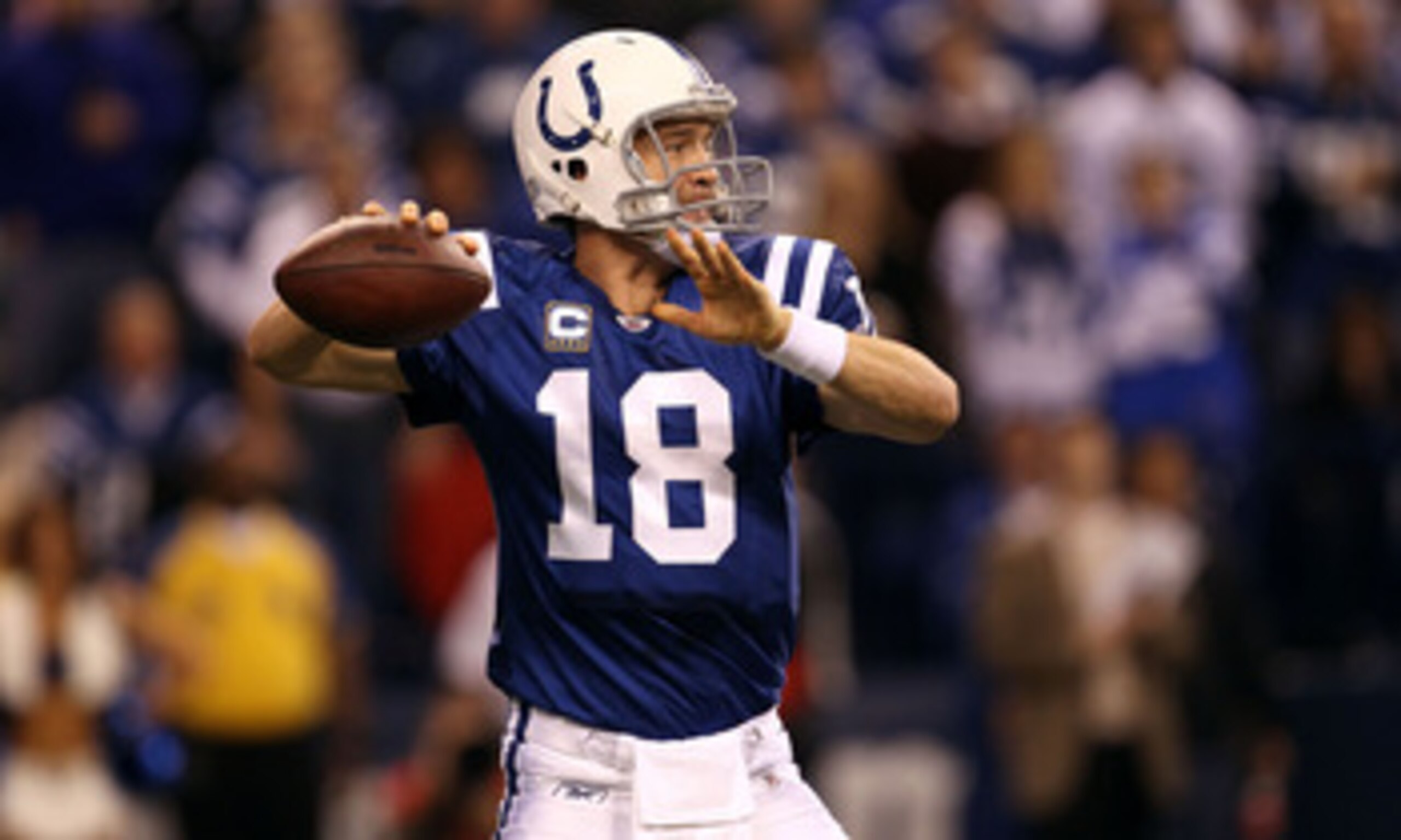 INDIANAPOLIS, IN - JANUARY 08:  Quarterback Peyton Manning #18 of the Indianapolis Colts passes the ball in the first quarter against the New York Jets during their 2011 AFC wild card playoff game at Lucas Oil Stadium on January 8, 2011 in Indianapolis, I