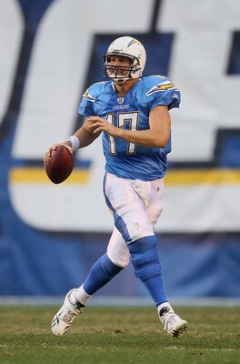 SAN DIEGO - DECEMBER 05:  Quarterback Philip Rivers #17 of the San Diego Chargers drops back to pass in the fourth quarter against the Oakland Raiders at Qualcomm Stadium on December 5, 2010 in San Diego, California. The Raiders defeated the Chargers 28-1