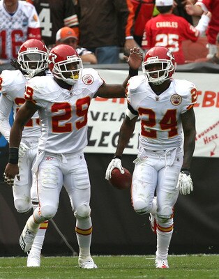 CLEVELAND - SEPTEMBER 19:  Cornerback Brandon Flowers #24 of the Kansas City Chiefs celebrates a touchdown with Eric Berry #29 against the Cleveland Browns at Cleveland Browns Stadium on September 19, 2010 in Cleveland, Ohio.  (Photo by Matt Sullivan/Gett