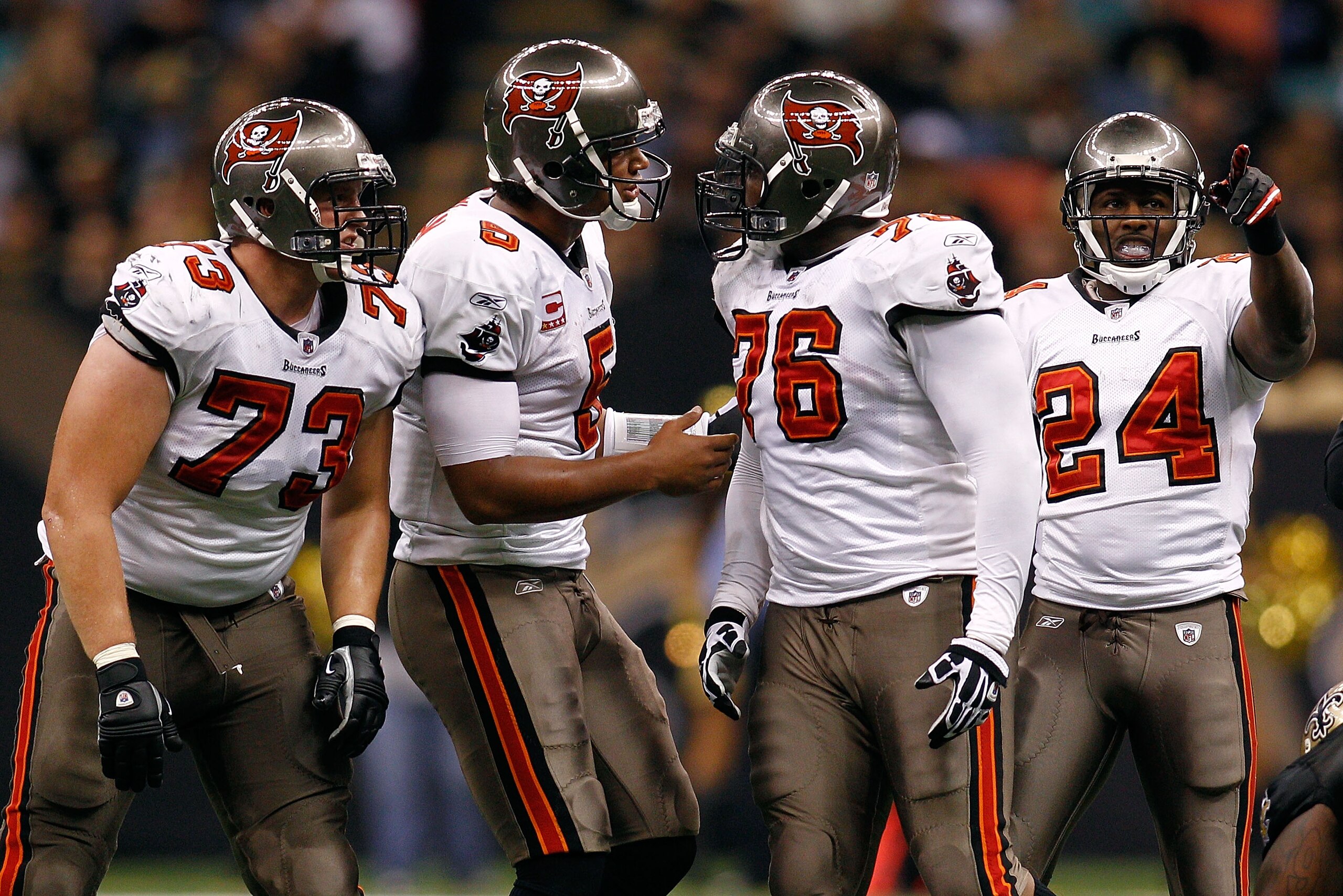 NEW ORLEANS, LA - JANUARY 02: Josh Freeman #5 talks with Jeremy Zuttah #76 of the Tampa Bay Buccaneers after a play clock violation during the game against the New Orleans Saints at the Louisiana Superdome on January 2, 2011 in New Orleans, Louisiana. ( NEW ORLEANS, LA - JANUARY 02: Josh Freeman #5 talks with Jeremy Zuttah #76 of the Tampa Bay Buccaneers after a play clock violation during the game against the New Orleans Saints at the Louisiana Superdome on January 2, 2011 in New Orleans, Louisiana. (