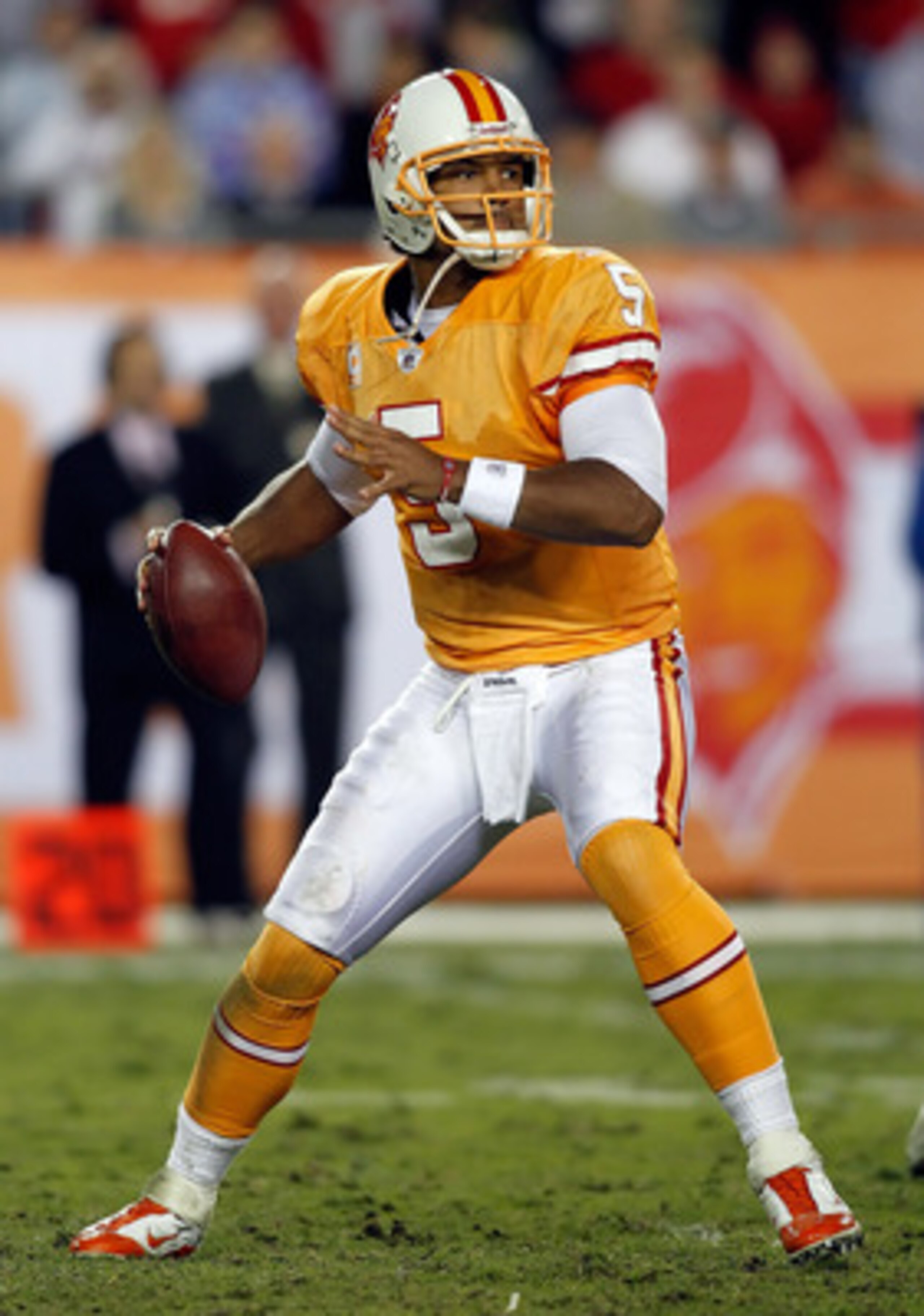 TAMPA, FL - DECEMBER 05:  Quarterback Josh Freeman #5 of the Tampa Bay Buccaneers throws a pass against the Atlanta Falcons during the game at Raymond James Stadium on December 5, 2010 in Tampa, Florida.  (Photo by J. Meric/Getty Images)