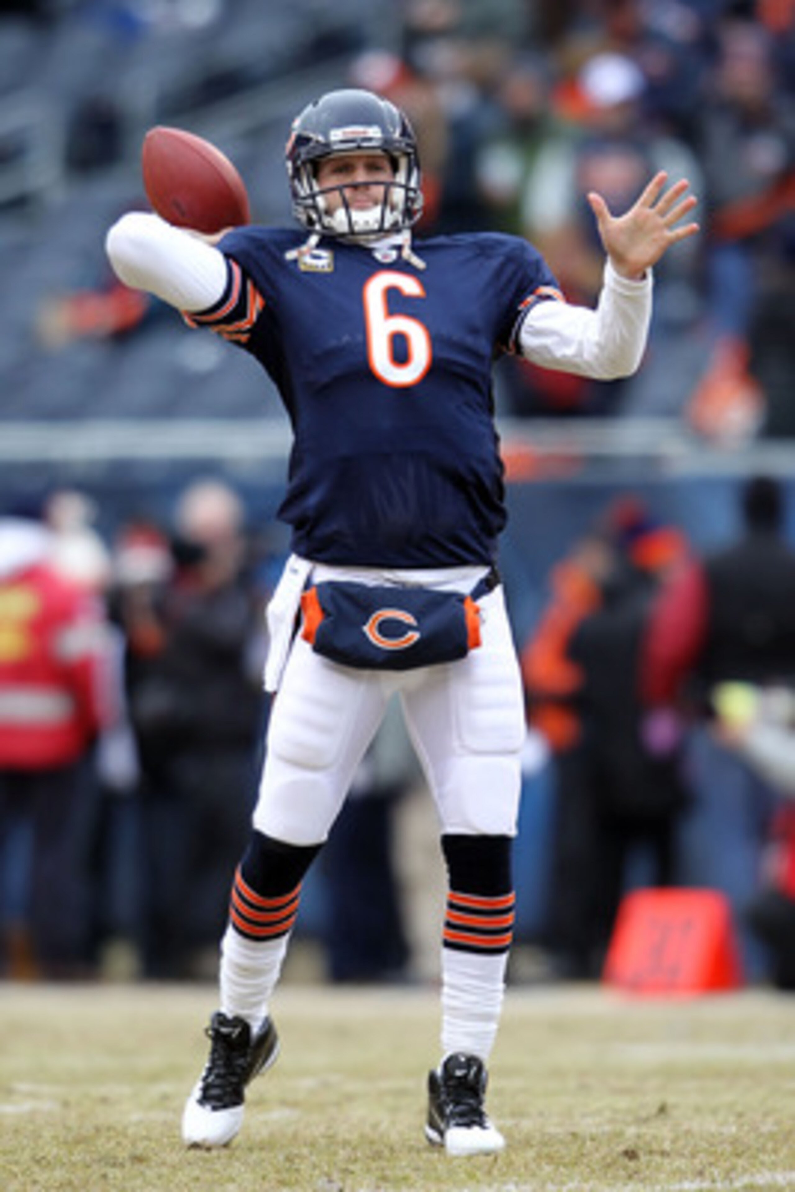 CHICAGO, IL - JANUARY 16:  Quarterback Jay Cutler #6 of the Chicago Bears throws the ball during pregame before the Bears take on the Seattle Seahawks in the 2011 NFC divisional playoff game at Soldier Field on January 16, 2011 in Chicago, Illinois.  (Pho