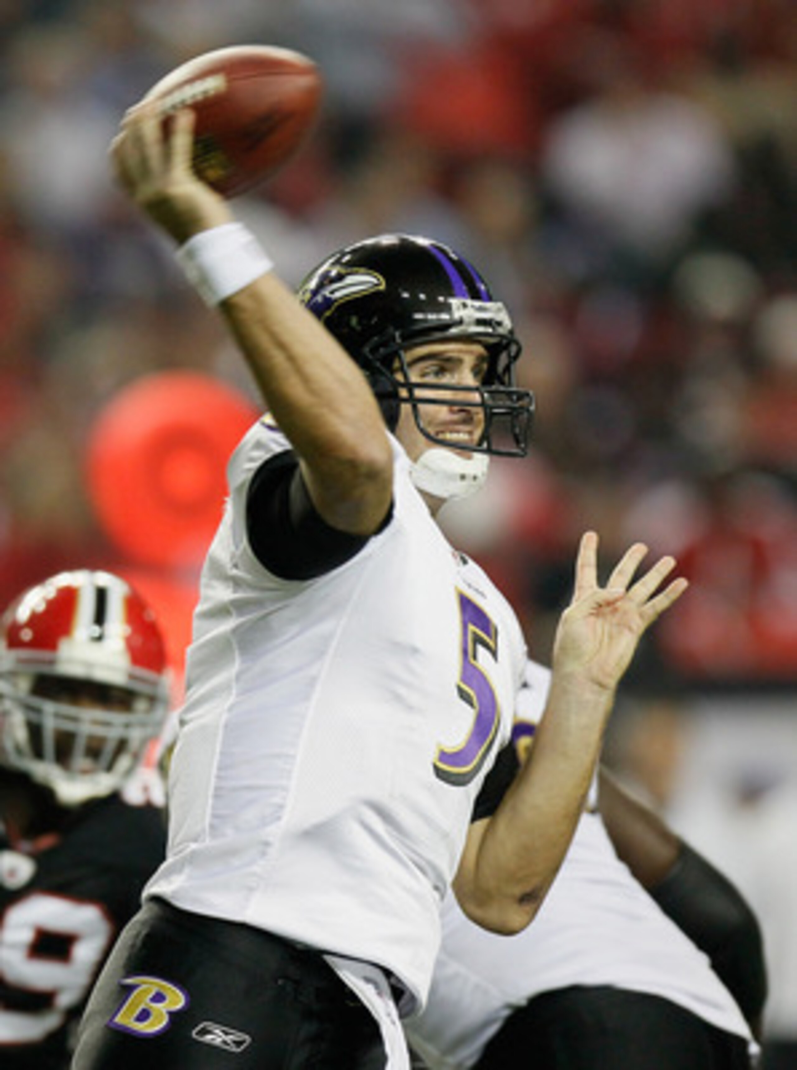 ATLANTA - NOVEMBER 11:  Quarterback Joe Flacco #5 of the Baltimore Ravens against the Atlanta Falcons at Georgia Dome on November 11, 2010 in Atlanta, Georgia.  (Photo by Kevin C. Cox/Getty Images)