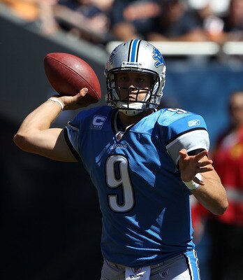 CHICAGO - SEPTEMBER 12: Matthew Stafford #9 of the Detroit Lions passes the ball against the Chicago Bears during the NFL season opening game at Soldier Field on September 12, 2010 in Chicago, Illinois. The Bears defeated the Lions 19-14. (Photo by Jonath
