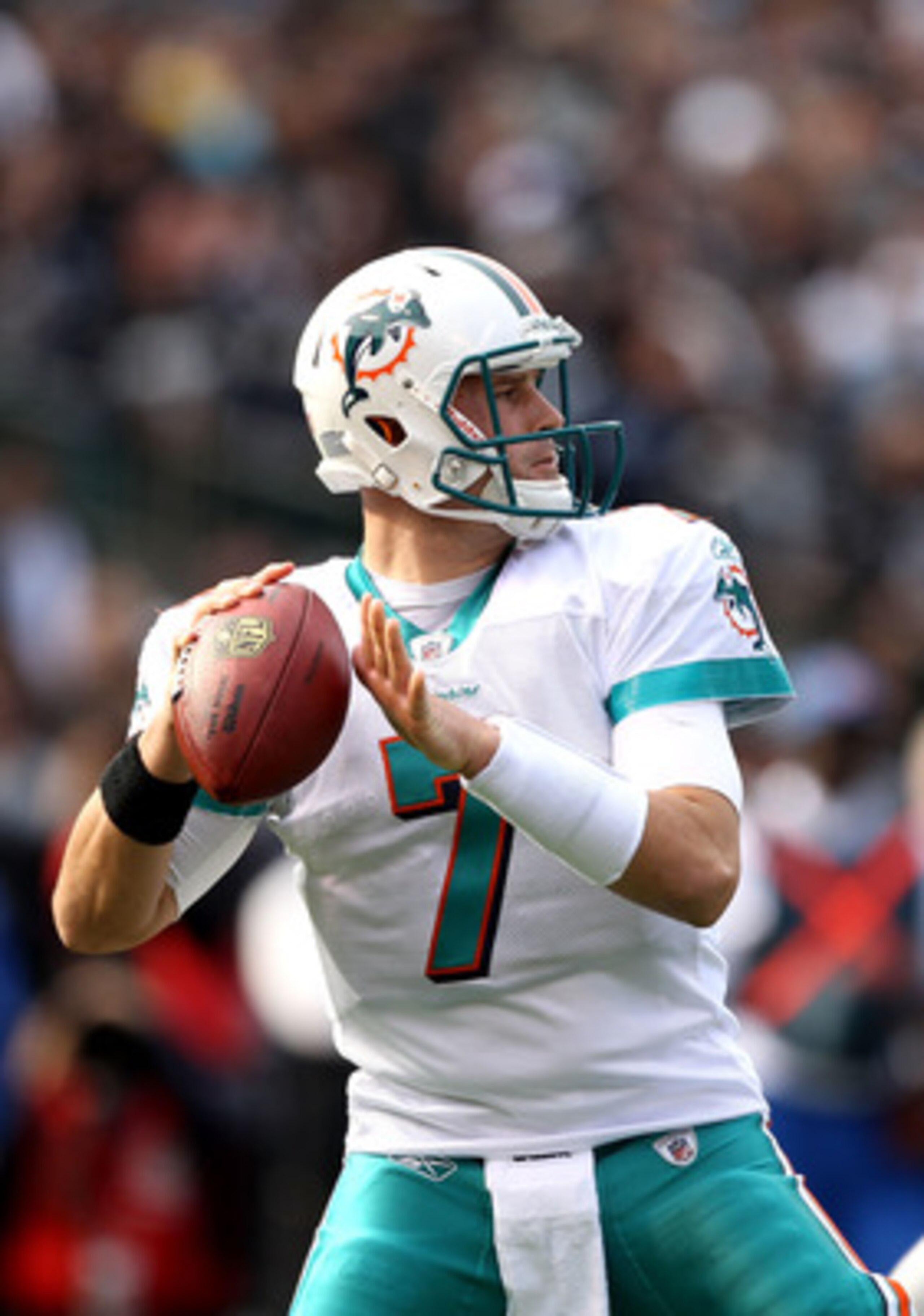 OAKLAND, CA - NOVEMBER 28:  Chad Henne #7 of the Miami Dolphins throws the ball during their game against the Oakland Raiders at Oakland-Alameda County Coliseum on November 28, 2010 in Oakland, California.  (Photo by Ezra Shaw/Getty Images)