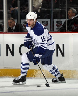 NEWARK, NJ - APRIL 06: Clarke MacArthur #16 of the Toronto Maple Leafs skates against the New Jersey Devils at the Prudential Center on April 6, 2011 in Newark, New Jersey.  (Photo by Bruce Bennett/Getty Images)