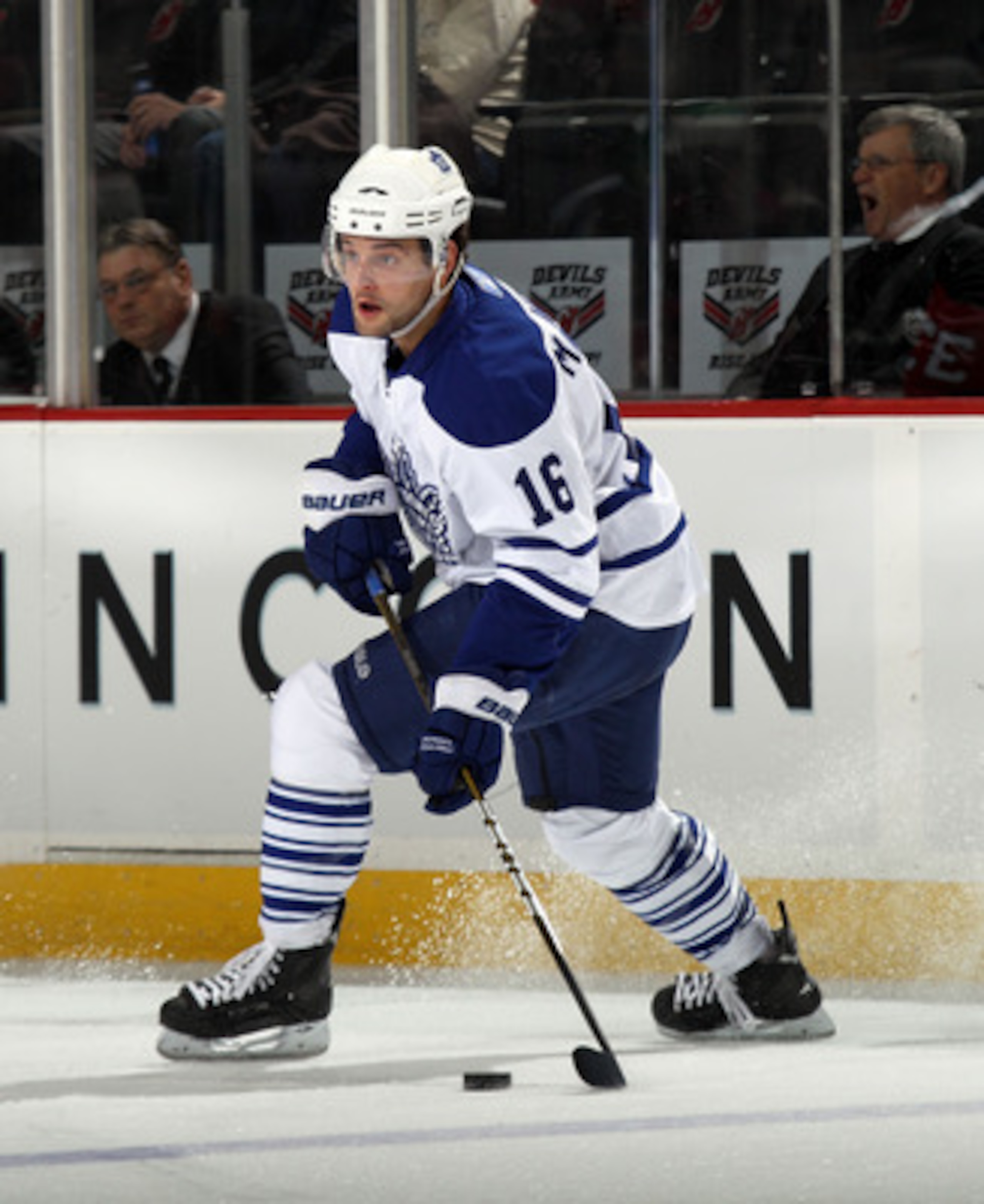 NEWARK, NJ - APRIL 06: Clarke MacArthur #16 of the Toronto Maple Leafs skates against the New Jersey Devils at the Prudential Center on April 6, 2011 in Newark, New Jersey.  (Photo by Bruce Bennett/Getty Images)