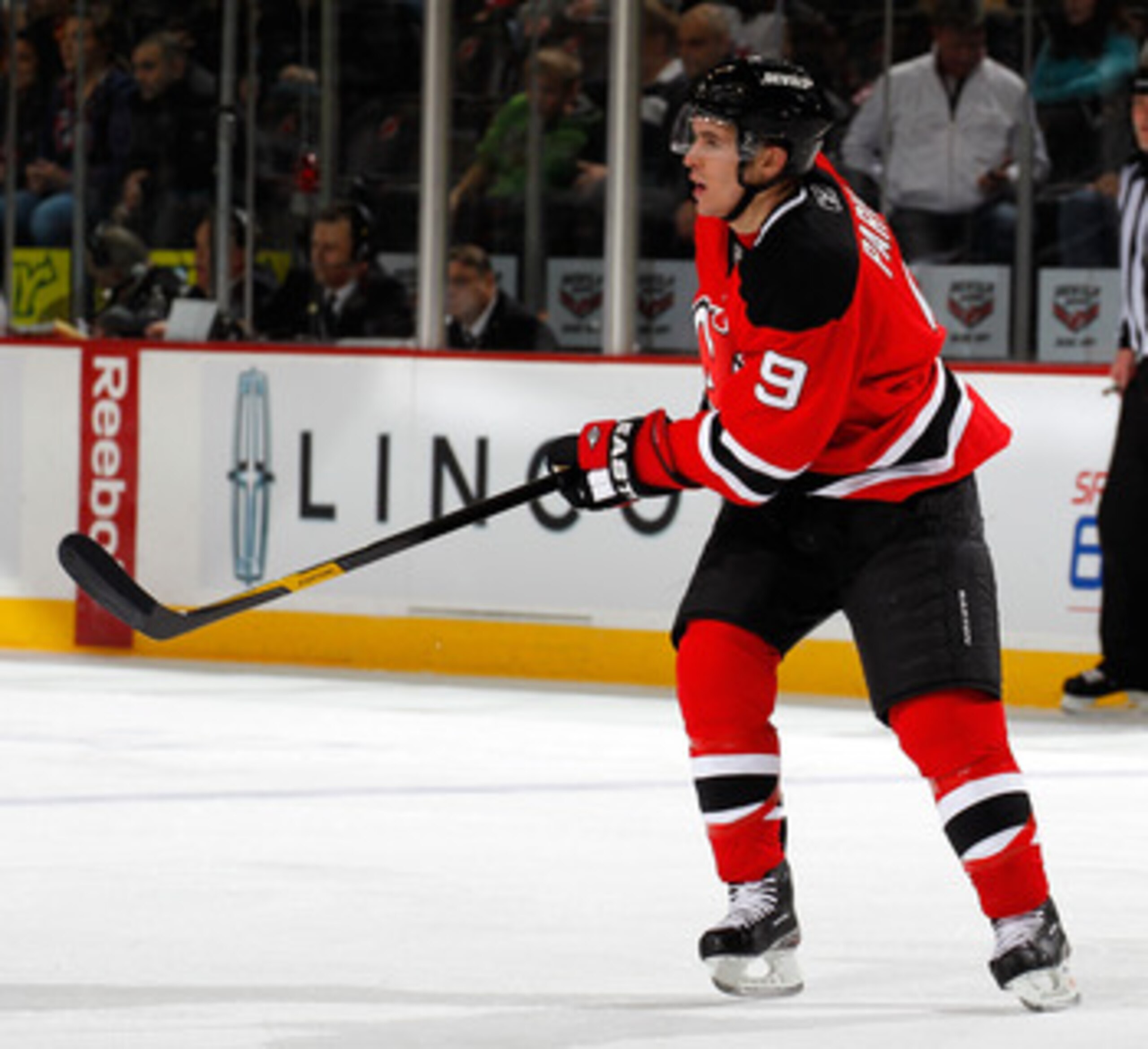 NEWARK, NJ - APRIL 02:  Zach Parise #9 of the New Jersey Devils skates during an NHL hockey game against the Montreal Canadians at the Prudential Center on April 2, 2011 in Newark, New Jersey.  (Photo by Paul Bereswill/Getty Images)