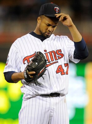 MINNEAPOLIS, MN - OCTOBER 6: Francisco Liriano #47 of the Minnesota Twins reacts during game one of the ALDS against the New York Yankees on October 6, 2010 at Target Field in Minneapolis, Minnesota. (Photo by Hannah Foslien /Getty Images)