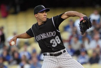 LOS ANGELES, CA - JUNE 01:  Ubaldo Jimenez #38 of the Colorado Rockies pitches against the Los Angeles Dodgers in the second inning at Dodger Stadium on June 1, 2011 in Los Angeles, California.  (Photo by Jeff Gross/Getty Images)