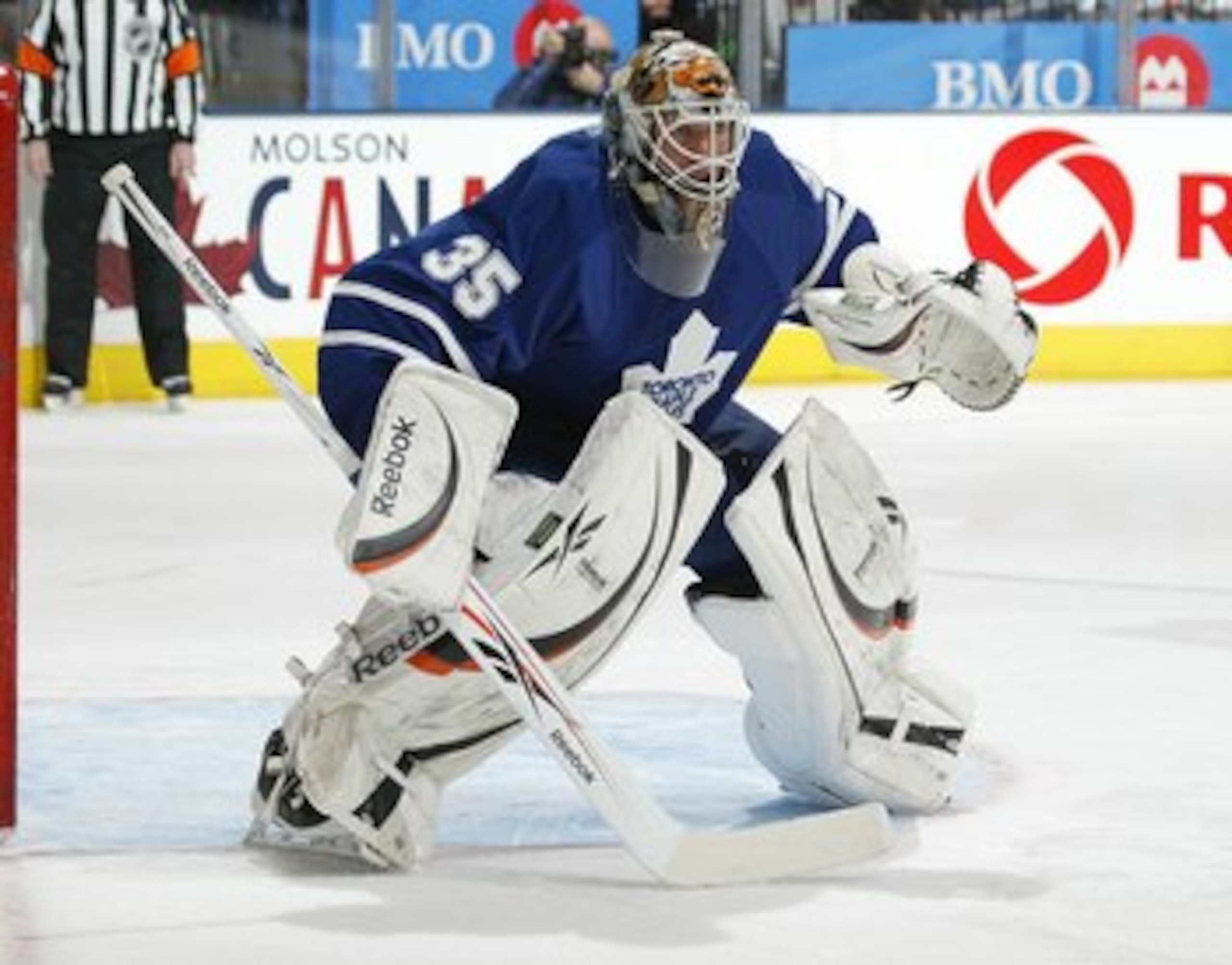 TORONTO, ON - FEBRUARY 8:  J S Giguere #35 of the Toronto Maple Leafs keeps an eye on the play in a game against the San Jose Sharks on February 8, 2010 at the Air Canada Centre in Toronto, Ontario. The Sharks defeated the Leafs 3-2. (Photo by Claus Ander