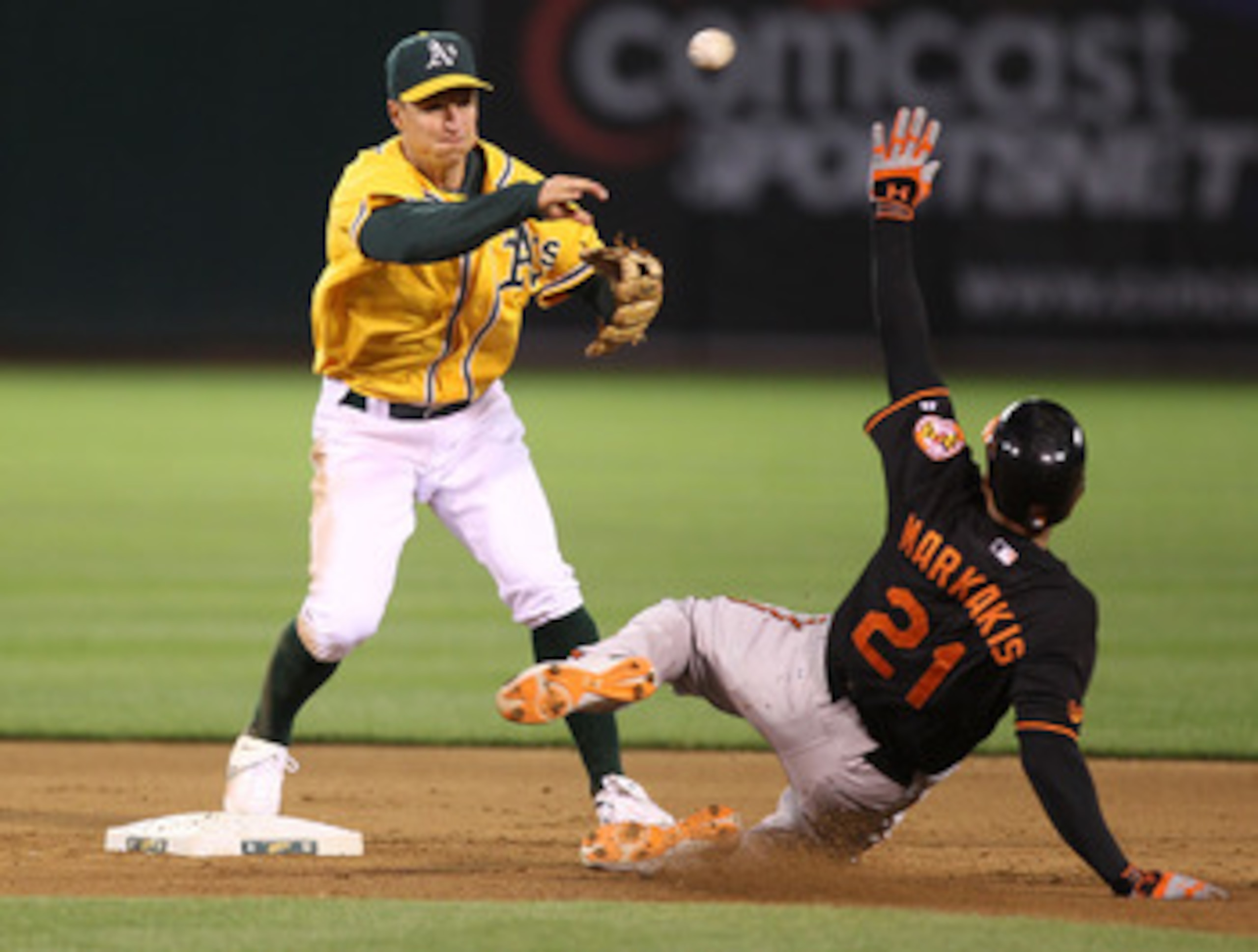 OAKLAND, CA - MAY 27:  Mark Ellis #14 of the Oakland Athletics throws to first base as Nick Markakis #21 of the Baltimore Orioles slides into second on a double play ball hit by Vladimir Guerrero in the fifth inning during a Major League Baseball game at 
