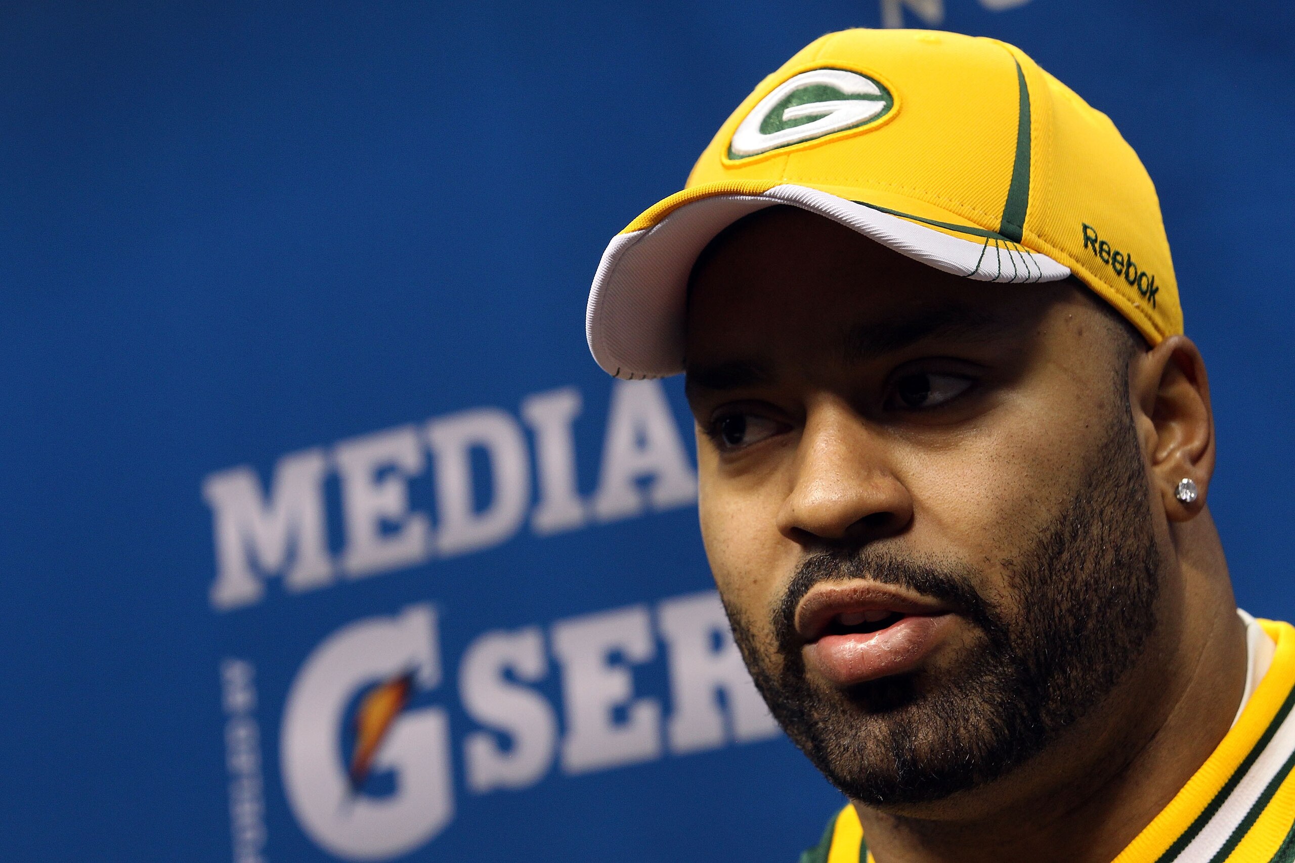ARLINGTON, TX - FEBRUARY 01: Cullen Jenkins #77 of the Green Bay Packers addresses the media during Super Bowl XLV Media Day ahead of Super Bowl XLV at Cowboys Stadium on February 1, 2011 in Arlington, Texas. The Pittsburgh Steelers will play the Green B ARLINGTON, TX - FEBRUARY 01: Cullen Jenkins #77 of the Green Bay Packers addresses the media during Super Bowl XLV Media Day ahead of Super Bowl XLV at Cowboys Stadium on February 1, 2011 in Arlington, Texas. The Pittsburgh Steelers will play the Green B