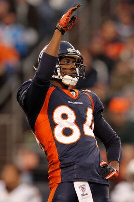DENVER, CO - JANUARY 2: Wide receiver Brandon Lloyd #84 of the Denver Broncos acknowledges the crowd after an announcement to honor him for making the Pro Bowl team during a break in the action against the San Diego Chargers at INVESCO Field at Mile Hig DENVER, CO - JANUARY 2: Wide receiver Brandon Lloyd #84 of the Denver Broncos acknowledges the crowd after an announcement to honor him for making the Pro Bowl team during a break in the action against the San Diego Chargers at INVESCO Field at Mile Hig