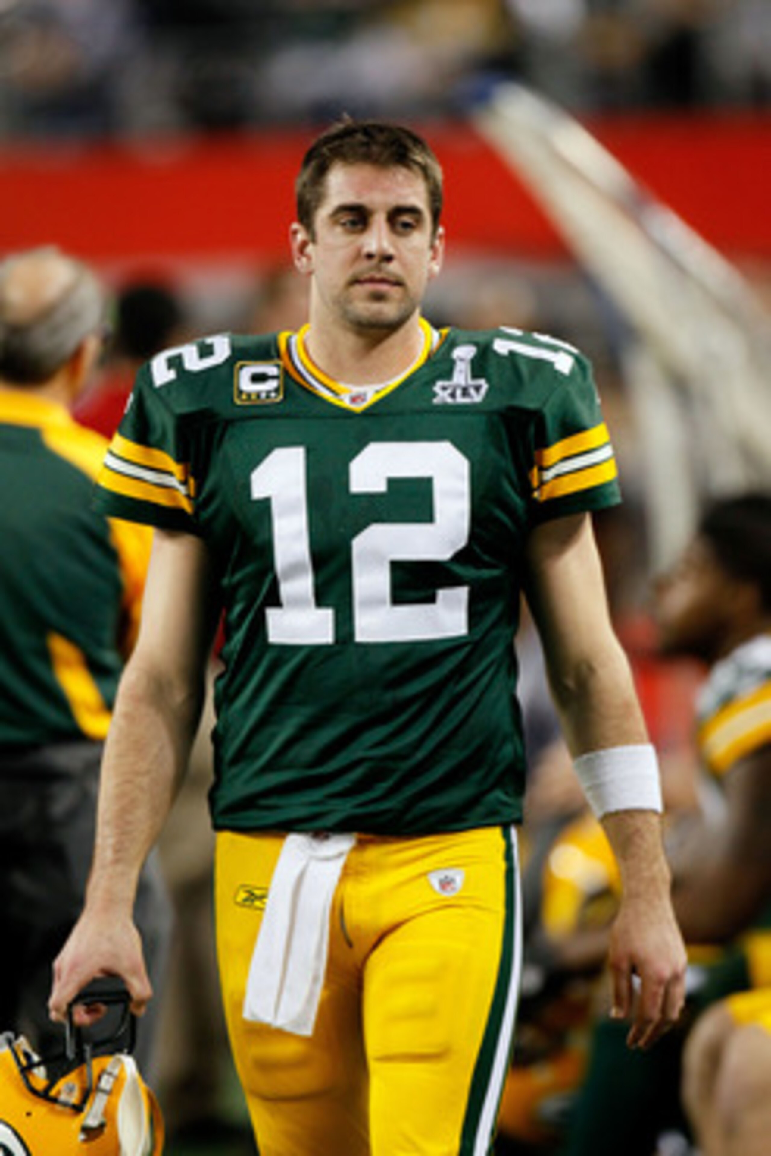 ARLINGTON, TX - FEBRUARY 06:  Quarterback Aaron Rodgers #12 of the Green Bay Packers looks on against the Pittsburgh Steelers during Super Bowl XLV at Cowboys Stadium on February 6, 2011 in Arlington, Texas.  (Photo by Kevin C. Cox/Getty Images)