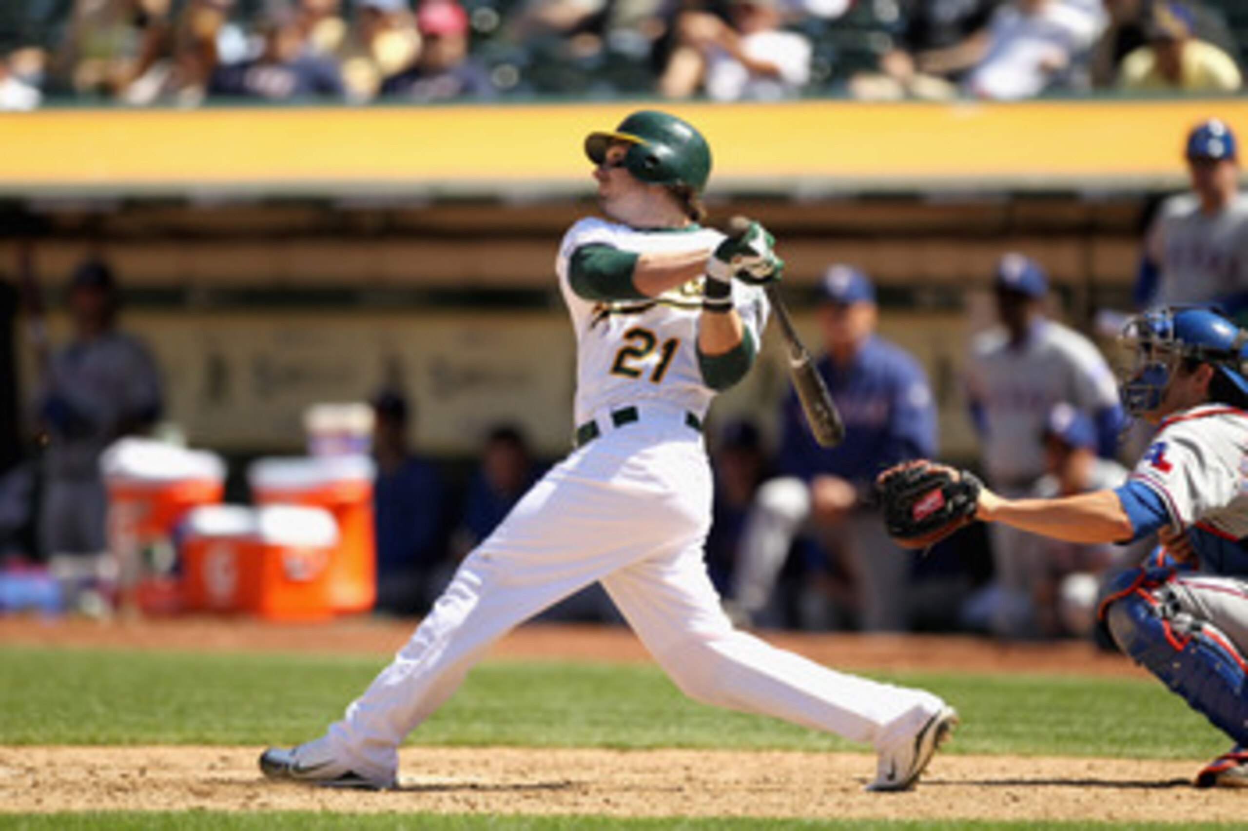 OAKLAND, CA - MAY 02:  Andy LaRoche #21 of the Oakland Athletics in action against the Texas Rangers at Oakland-Alameda County Coliseum on May 2, 2011 in Oakland, California.  (Photo by Ezra Shaw/Getty Images)