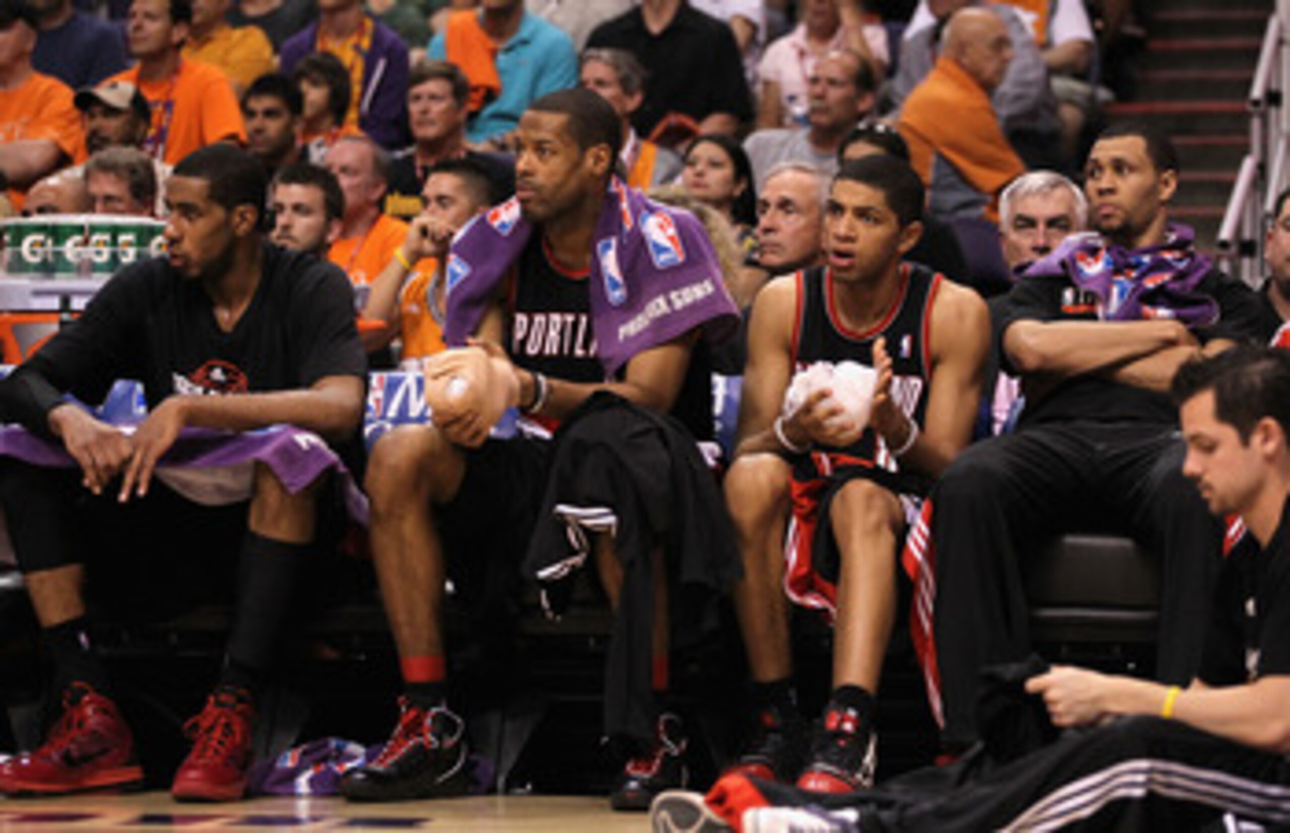 PHOENIX - APRIL 26:  (L-R) LaMarcus Aldridge #12, Marcus Camby #21, Nicolas Batum #88 and Brandon Roy #7 of the Portland Trail Blazers react on the bench during Game Five of the Western Conference Quarterfinals of the 2010 NBA Playoffs against the Phoenix