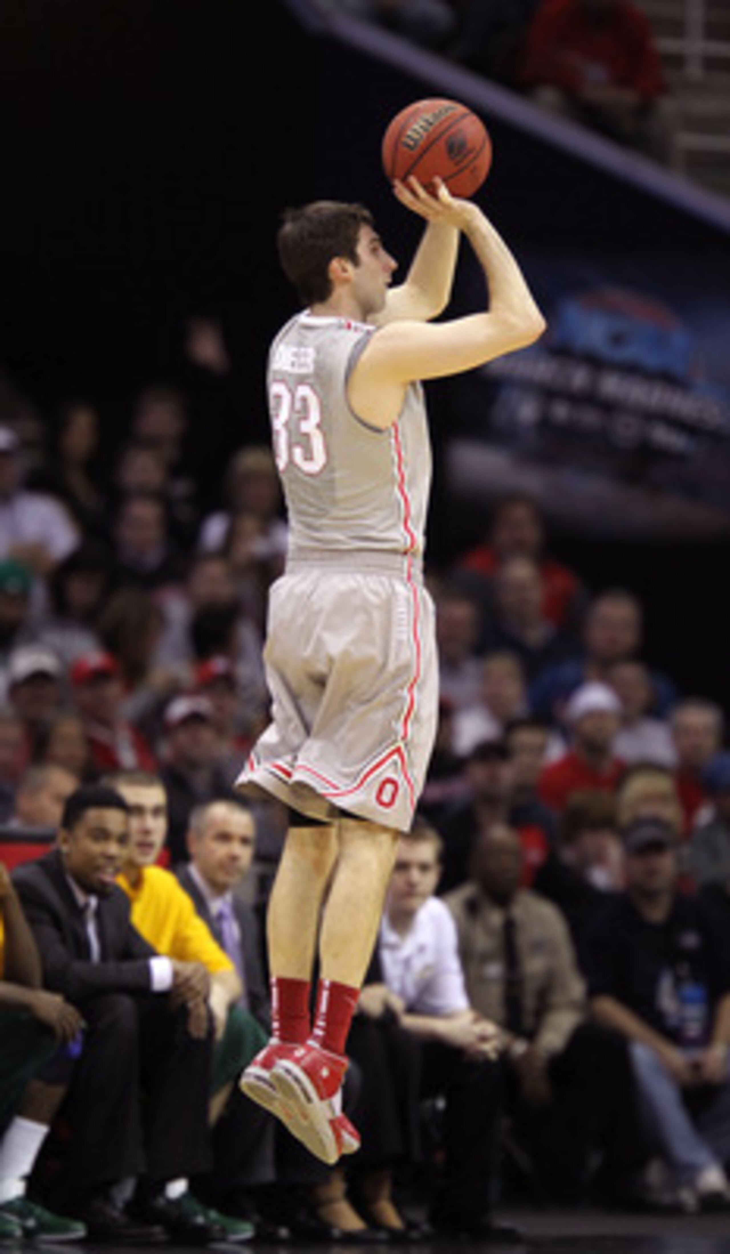 CLEVELAND, OH - MARCH 20: Jon Diebler #33 of the Ohio State Buckeyes shoots against the George Mason Patriots during the third of the 2011 NCAA men's basketball tournament at Quicken Loans Arena on March 20, 2011 in Cleveland, Ohio.  (Photo by Andy Lyons/