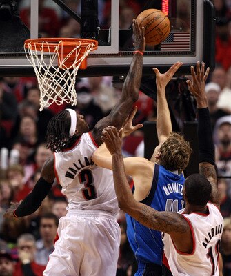 PORTLAND, OR - APRIL 21:  Gerald Wallace #3 of the Portland Trail Blazers blocks the shot of Dirk Nowitzki #41 of the Dallas Mavericks in Game Three of the Western Conference Quarterfinals in the 2011 NBA Playoffs on April 21, 2011 at the Rose Garden in P