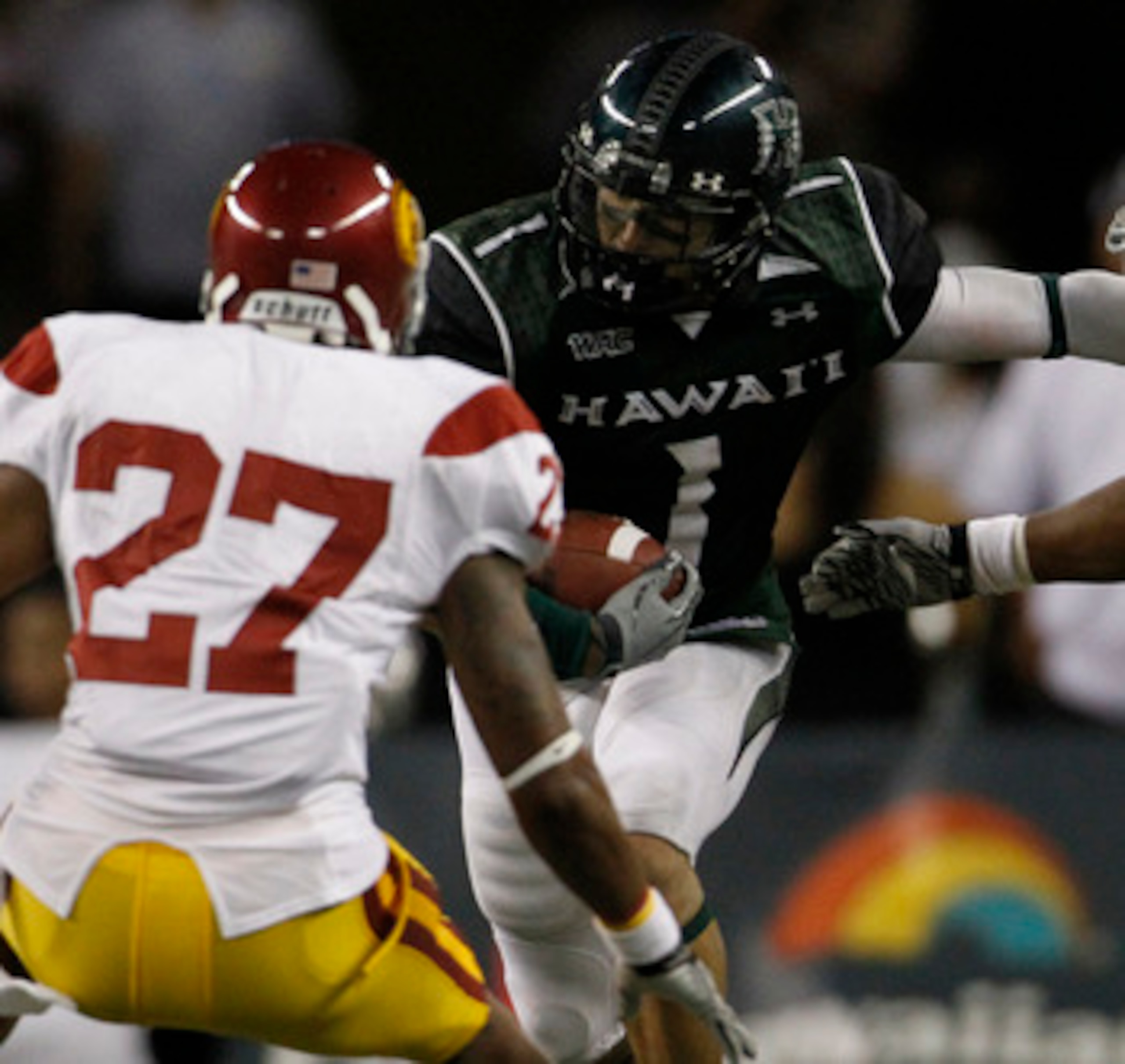 HONOLULU - SEPTEMBER 2:  Greg Salas of the University of Hawaii Warriors runs the ball during second half action at Aloha Stadium September 2, 2010 in Honolulu, Hawaii. (Photo by Kent Nishimura/Getty Images)