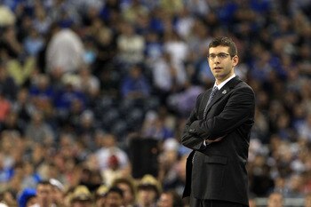 HOUSTON, TX - APRIL 04:  Head coach Brad Stevens of the Butler Bulldogs looks on from the sidelines against the Connecticut Huskies during the National Championship Game of the 2011 NCAA Division I Men's Basketball Tournament at Reliant Stadium on April 4