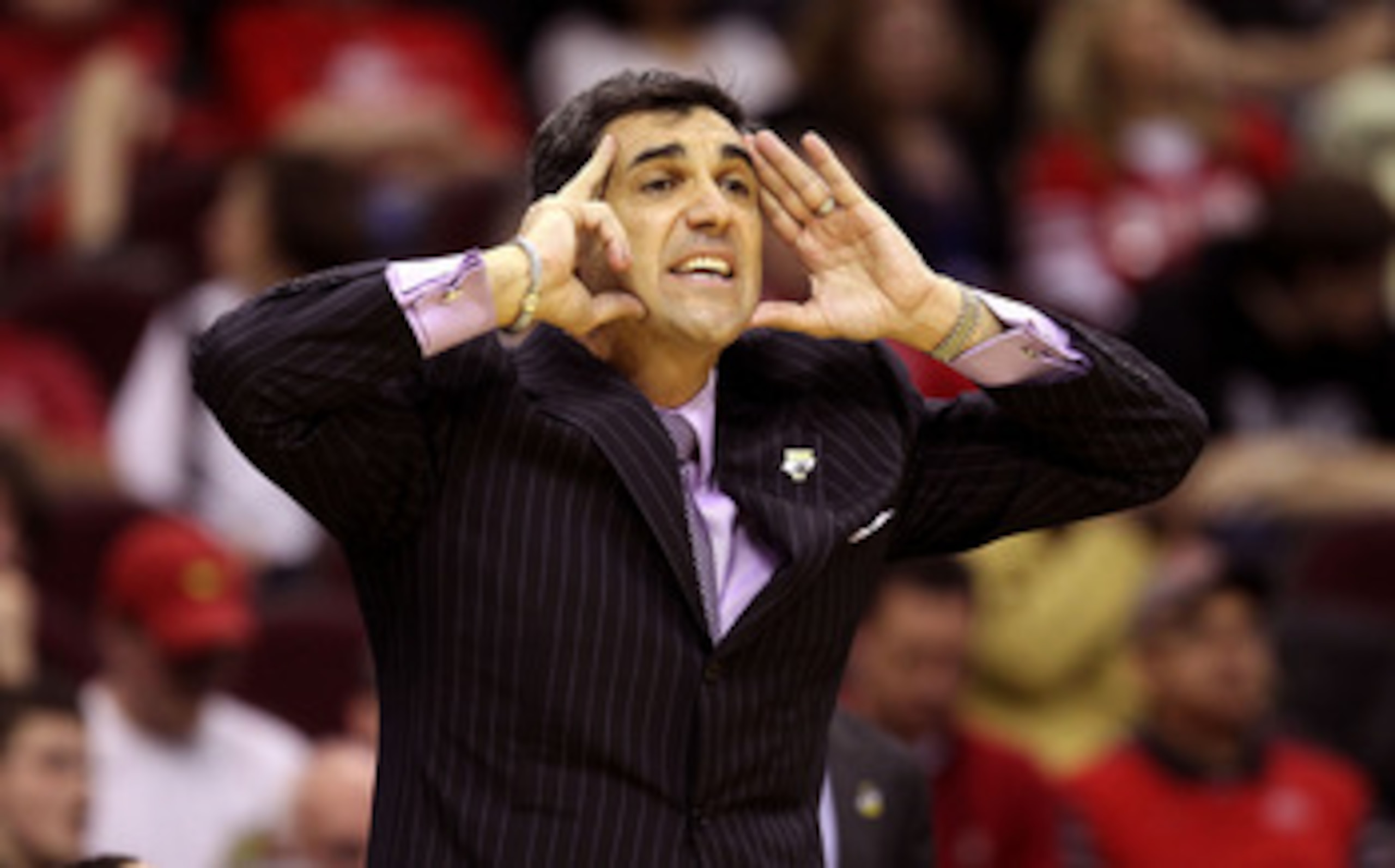 CLEVELAND, OH - MARCH 18:  Head coach Jay Wright of the Villanova Wildcats reacts during the game against the George Mason Patriots during the second round of the 2011 NCAA men's basketball tournament at Quicken Loans Arena on March 18, 2011 in Cleveland,