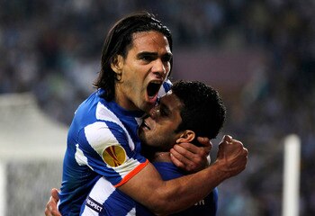 PORTO, PORTUGAL - APRIL 28:  Radamel Falcao of FC Porto celebrates with Givalnildo Vieira 'Hulk' after scoring his side third goal during the UEFA Europa League semi final first leg match between FC Porto and Villarreal at Estadio do Dragao on April 28, 2