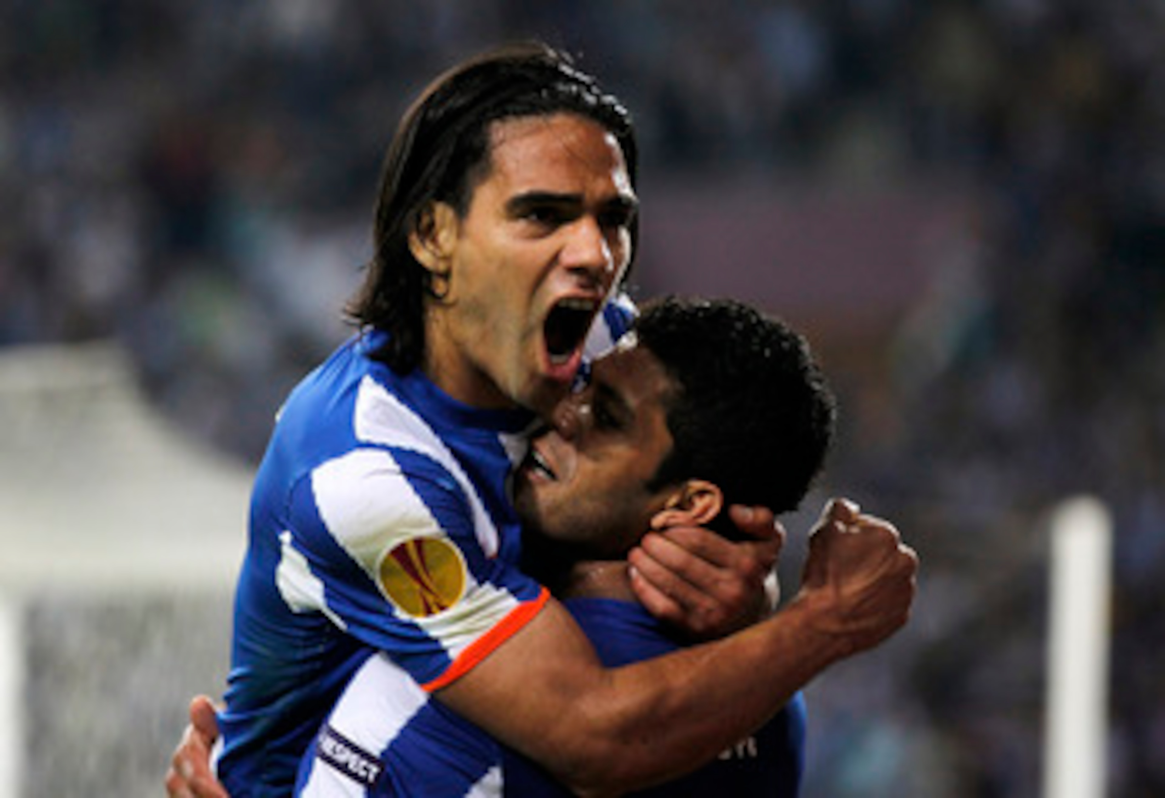 PORTO, PORTUGAL - APRIL 28:  Radamel Falcao of FC Porto celebrates with Givalnildo Vieira 'Hulk' after scoring his side third goal during the UEFA Europa League semi final first leg match between FC Porto and Villarreal at Estadio do Dragao on April 28, 2