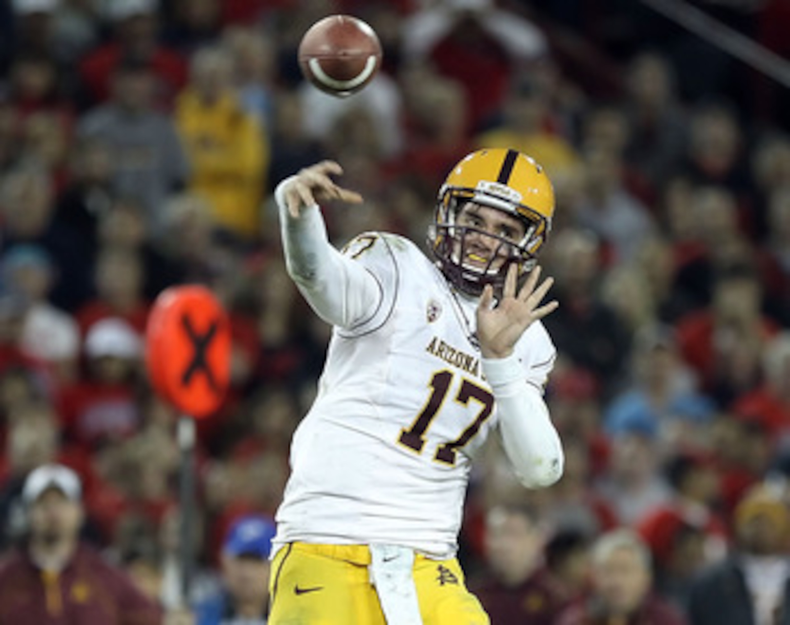 TUCSON, AZ - DECEMBER 02: Quarterback Brock Osweiler #17 of the Arizona State Sun Devils throws a pass during the college football game against the Arizona Wildcats at Arizona Stadium on December 2, 2010 in Tucson, Arizona. The Sun Devils defeated the Wi TUCSON, AZ - DECEMBER 02: Quarterback Brock Osweiler #17 of the Arizona State Sun Devils throws a pass during the college football game against the Arizona Wildcats at Arizona Stadium on December 2, 2010 in Tucson, Arizona. The Sun Devils defeated the Wi