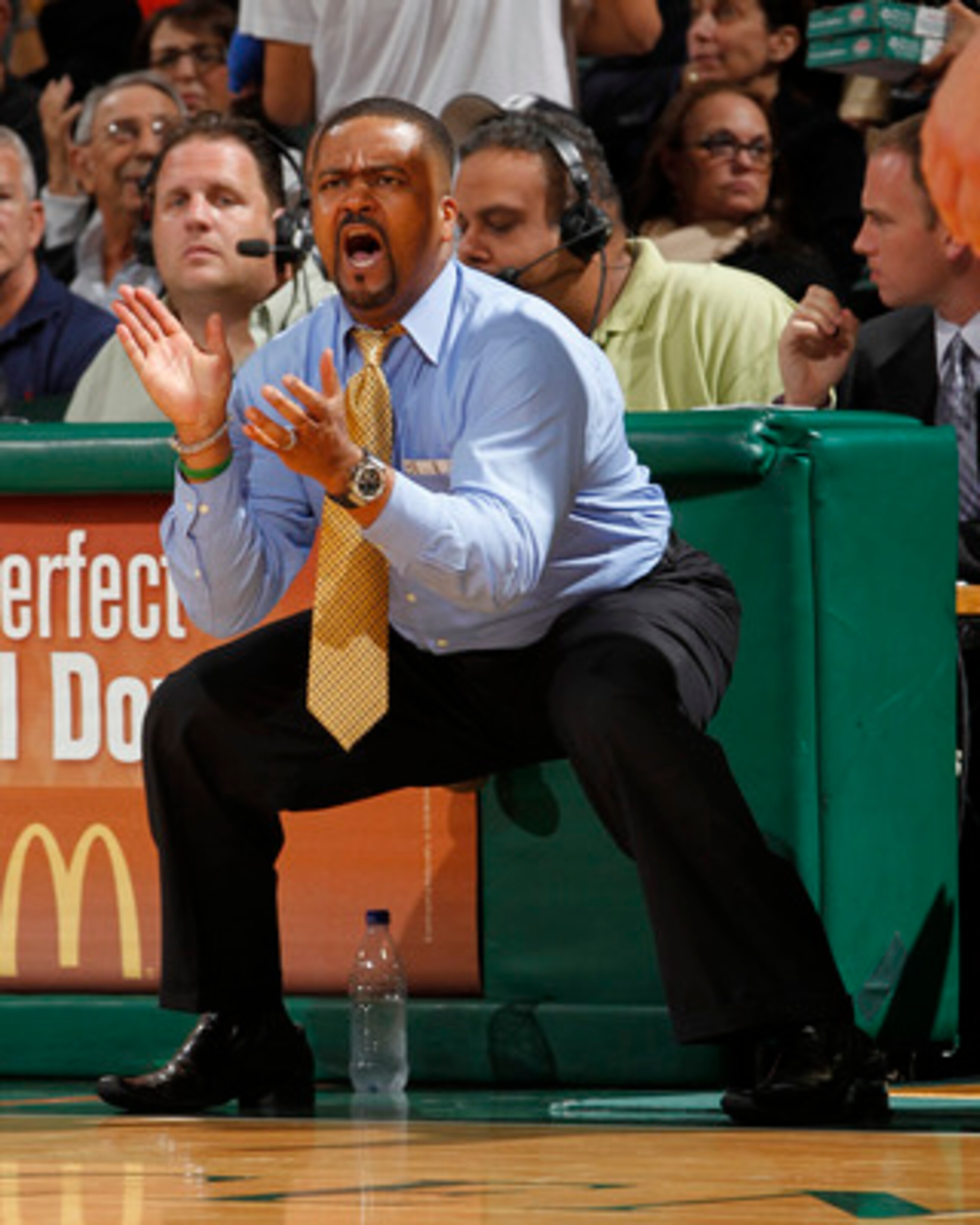 CORAL GABLES, FL - FEBRUARY 13: Head coach Frank Haith of the Miami Hurricanes react to first half action against the Duke Blue Devils on February 13, 2011 at the BankUnited Center in Coral Gables, Florida. (Photo by Joel Auerbach/Getty Images)