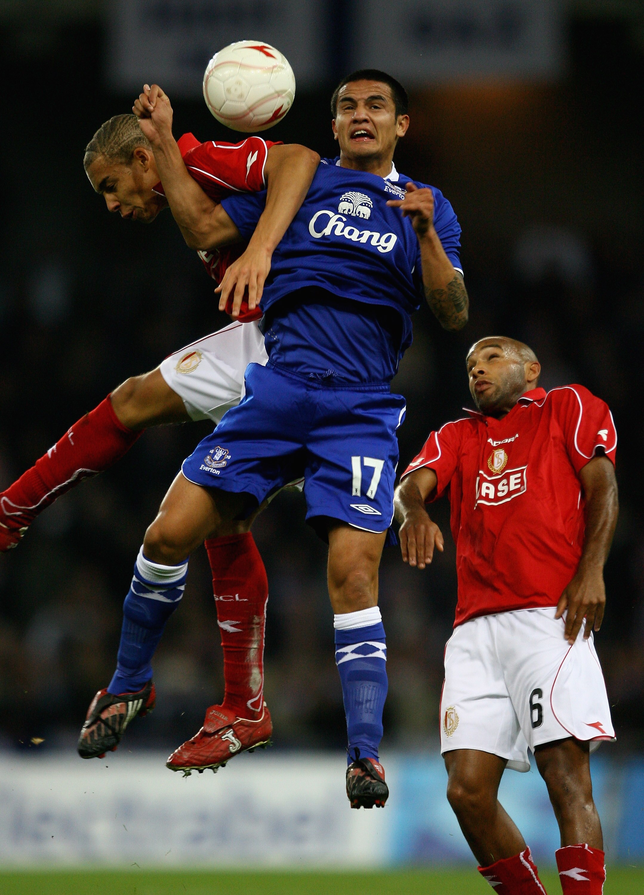 LIEGE, BELGIUM - OCTOBER 02: Everton's Tim Cahill in action with Alex Witsel of Standard Liege during the UEFA Cup first round, second leg match, between Standard Liege and Everton at Stade Maurice Dufrasne, on October 2, 2008 in Liege,Belgium. (Photo b LIEGE, BELGIUM - OCTOBER 02: Everton's Tim Cahill in action with Alex Witsel of Standard Liege during the UEFA Cup first round, second leg match, between Standard Liege and Everton at Stade Maurice Dufrasne, on October 2, 2008 in Liege,Belgium. (Photo b